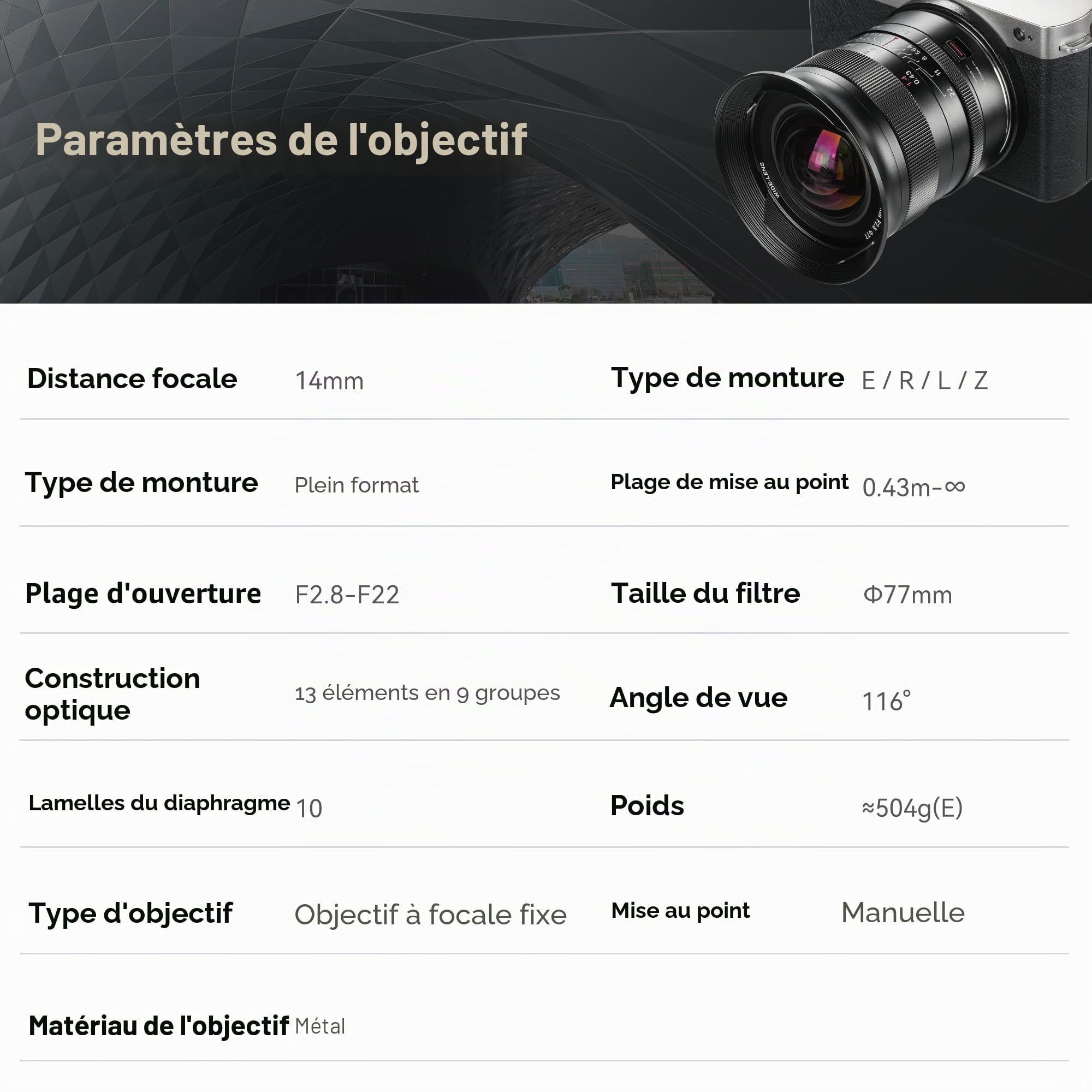 7Artisans 14mm F2.8 pour L-Mount Objectif,Grand Angle Plein Format Lentilles 116° Mise au Point Manuelle Compatible avec L-Mount Leica SL2/Lumix S1 S1H S5/Sigma FP L S1 S1H S5, Leica SL SL2