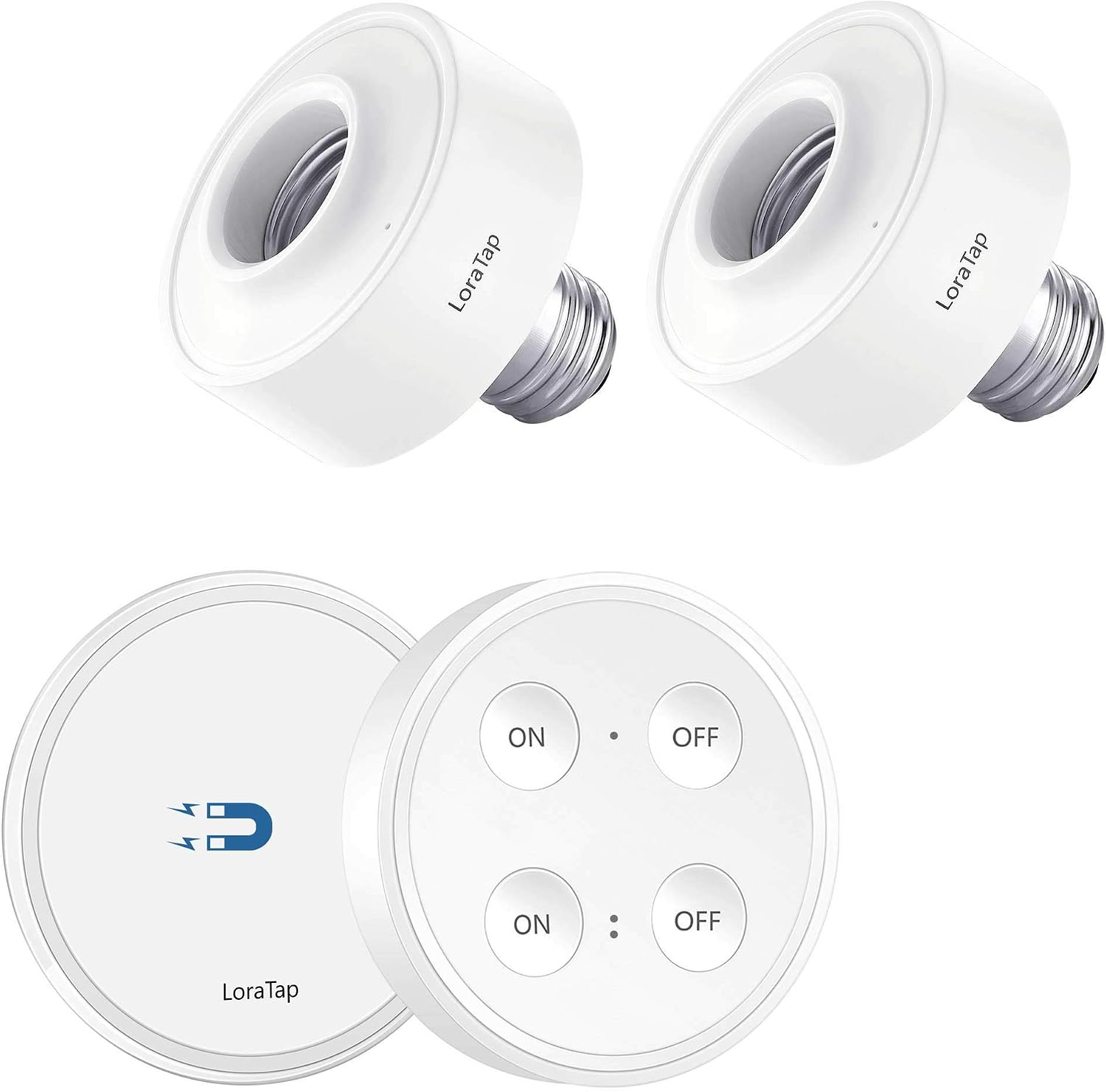 LoraTap Wireless Remote Control E26 Light Socket (2 Pack) with Dual Switch Remote, 915MHz RF 656ft Range On Off Light Switch Kit for LED Bulbs and Fixtures, 1 Wall Switch + 2 Light Bases, White