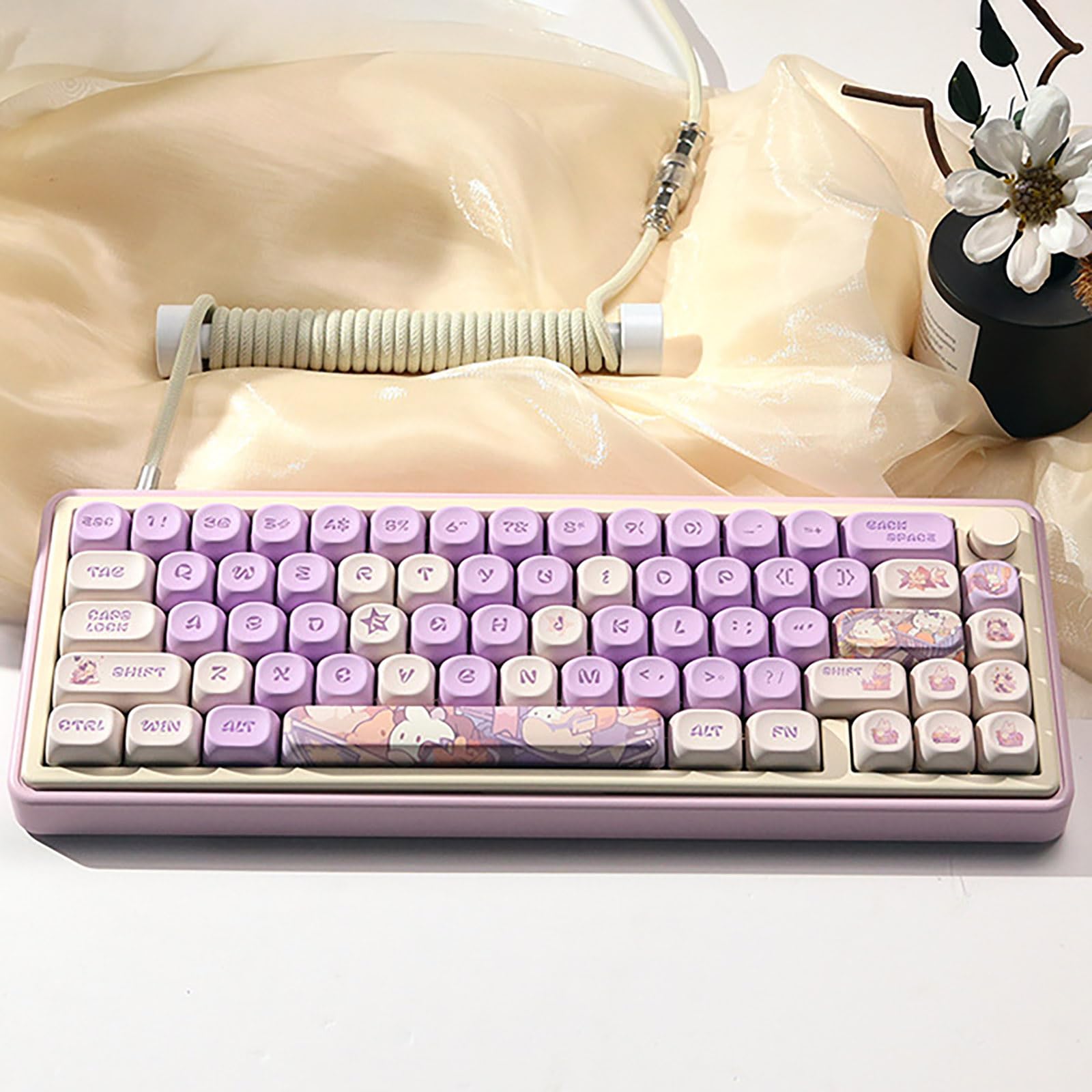 Ensemble de Touches Rondes Violettes en PBT 131 Touches avec Profil MOA de Lapin Mignon pour Filles et Enfants, Clavier personnalisé pour Clavier de Jeu mécanique à Disposition ANSI,A