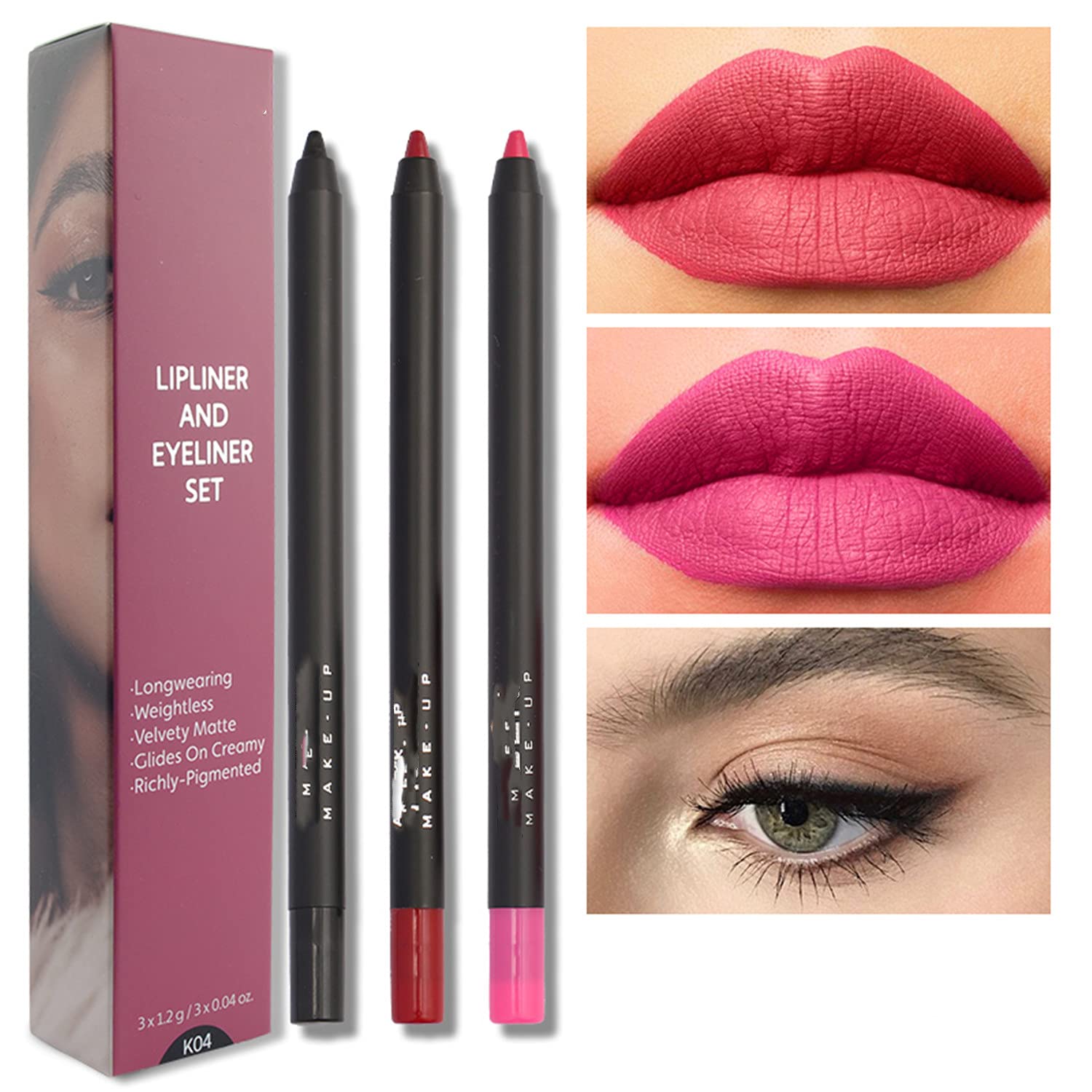 Matte Lipliner and Eyeliner Kit 3 PCS Smoothly Creamy Lipliner and Eyeliner Pen Set for Daily Wear (3PCS Kit 4)