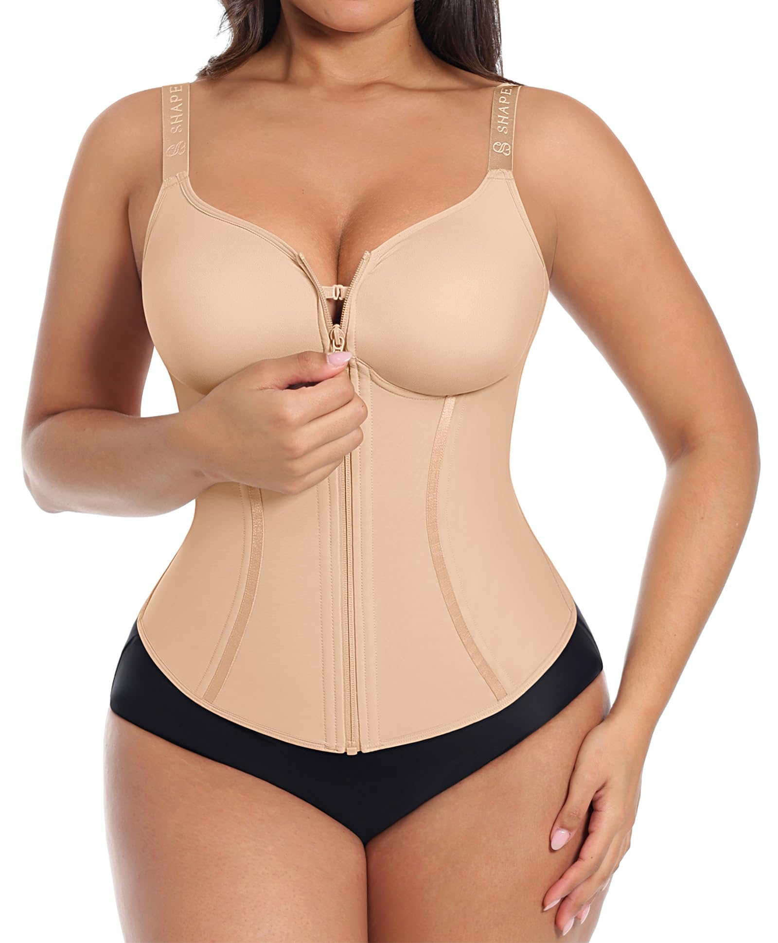 SHAPELLX Waist Trainer for Women Corset Top Tummy Control Shapewear Waist Cincher Body Shaper Fajas Colombianas Moldeadoras, Beige, S