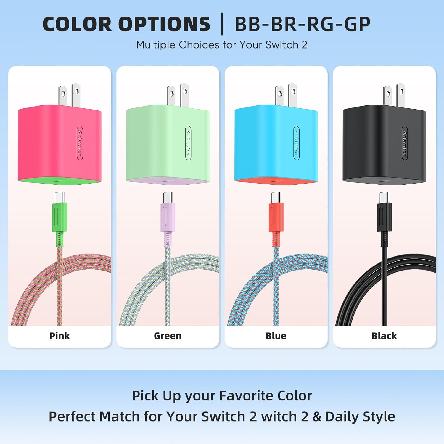 Switch 2 Charger with 6.6FT/2M USB-C Cable - 60W AC Power Adapter, Support 4K TV Dock & PD3.0 Fast Charging,Power Supply 20V/3A Charger for Nintendo Switch 2,Wii Charger(6.6FT - Pastel Green & Purple)