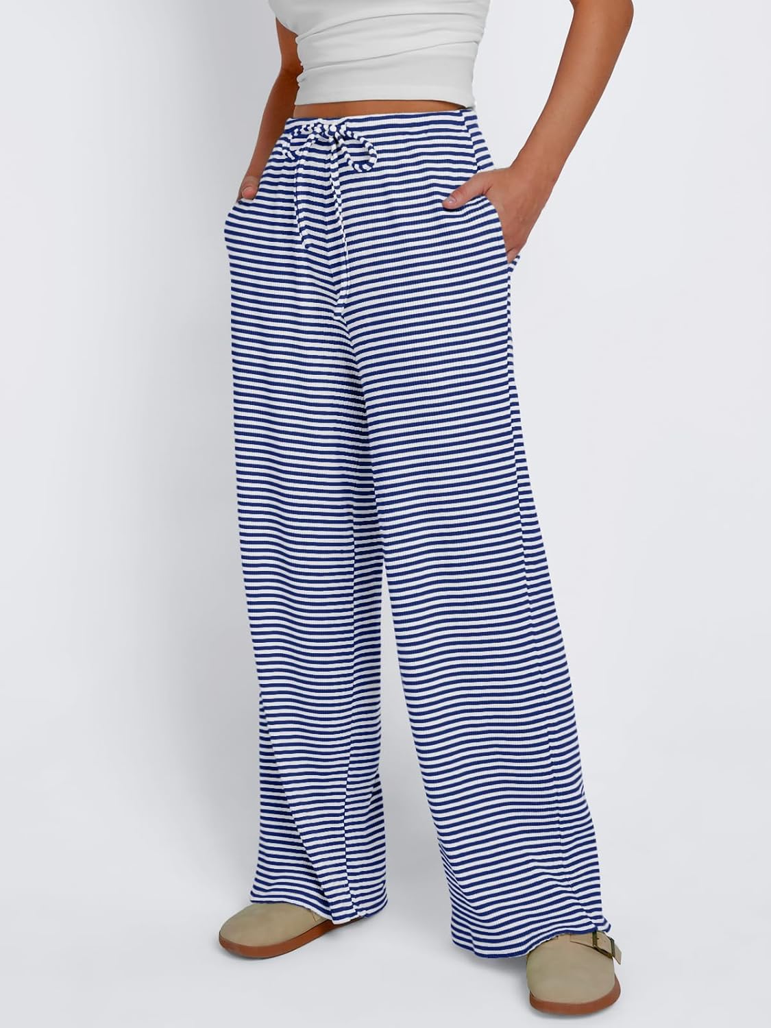 Trendy Queen Womens Striped Ribbed Wide Leg Pants Casual Drawstring Elastic Waist Baggy Sweatpants with Pockets