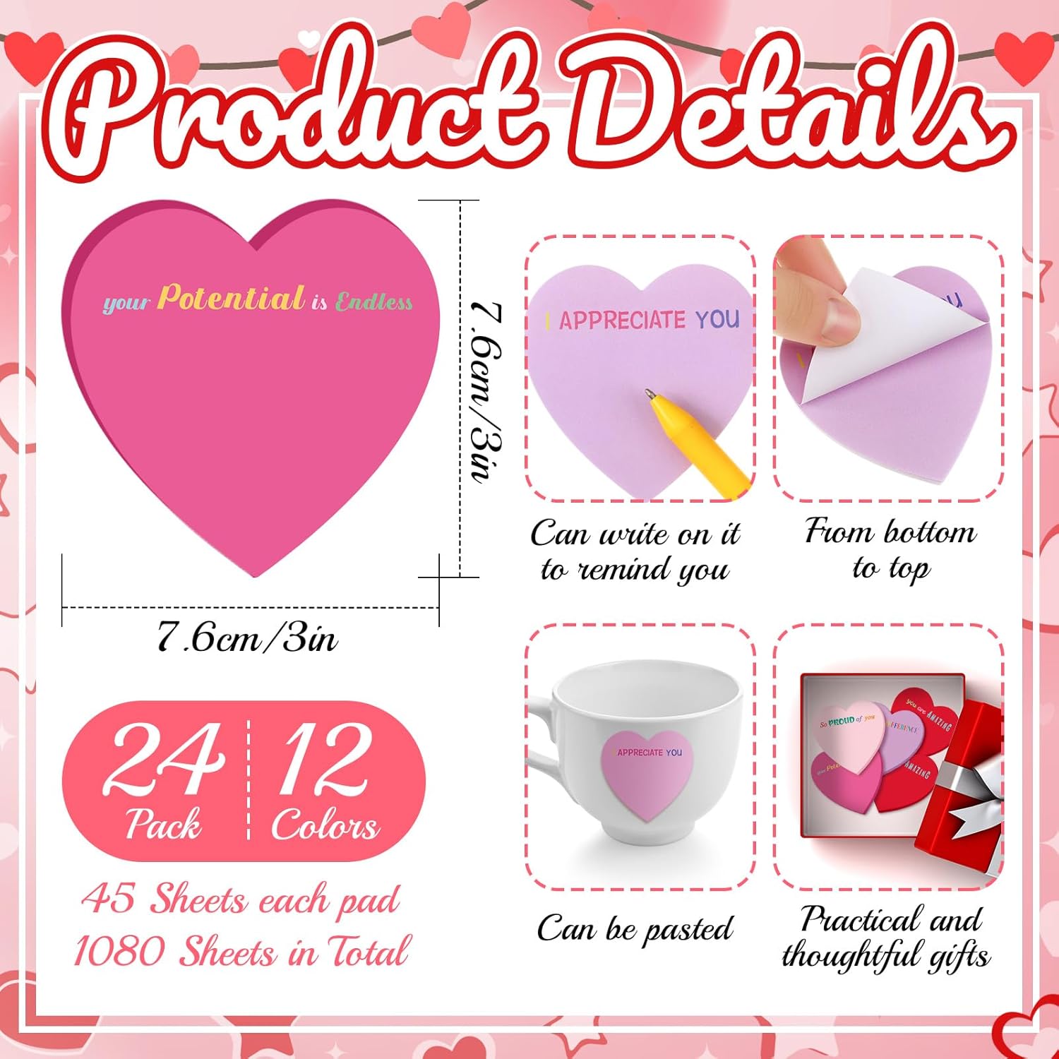 Teling 24 Pack Valentine's Day Sticky Notes Heart Shape Sticky Notes 3 x 3 Inch Appreciation Notepads Bulk Cute Memo Pads for Valentines Party Gifts School Office Supplies (Red Pink Purple) - Image 2
