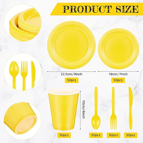 Miniatura 2 de Uiifan 300 suministros desechables para fiestas, incluyen 50 platos llanos de plástico de 9 pulgadas, 50 platos de plástico de 7 pulgadas, 50 vasos
