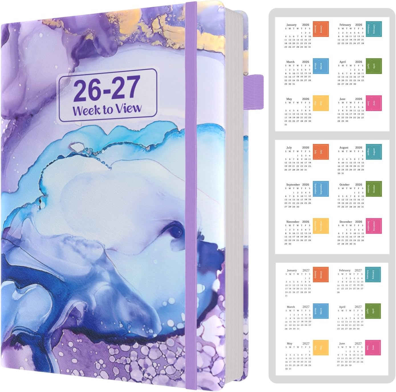 2026 Diary A5 Week to View, January 2026 to June 2027, 18-Month Organiser with Calendar Stickers, Monthly Tabs, Hardcover & Banded, Pen Loop, Inner Pocket, Black