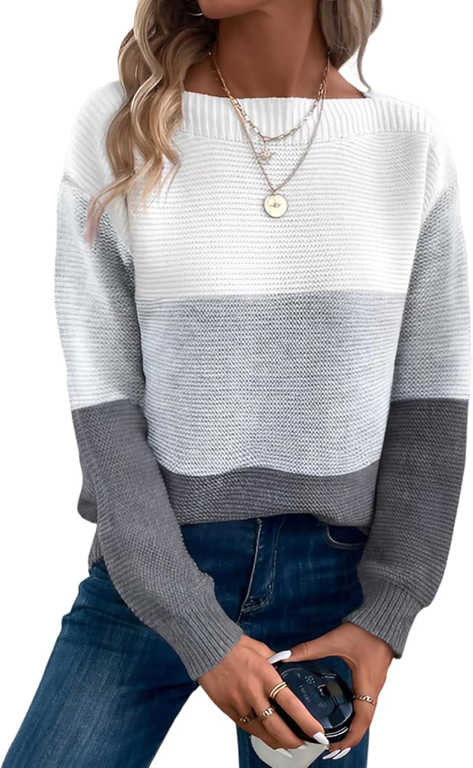 Womens Long Sleeve Crew Neck Color Block Fall Fashion Knitted Pullover Sweaters Jumper Tops