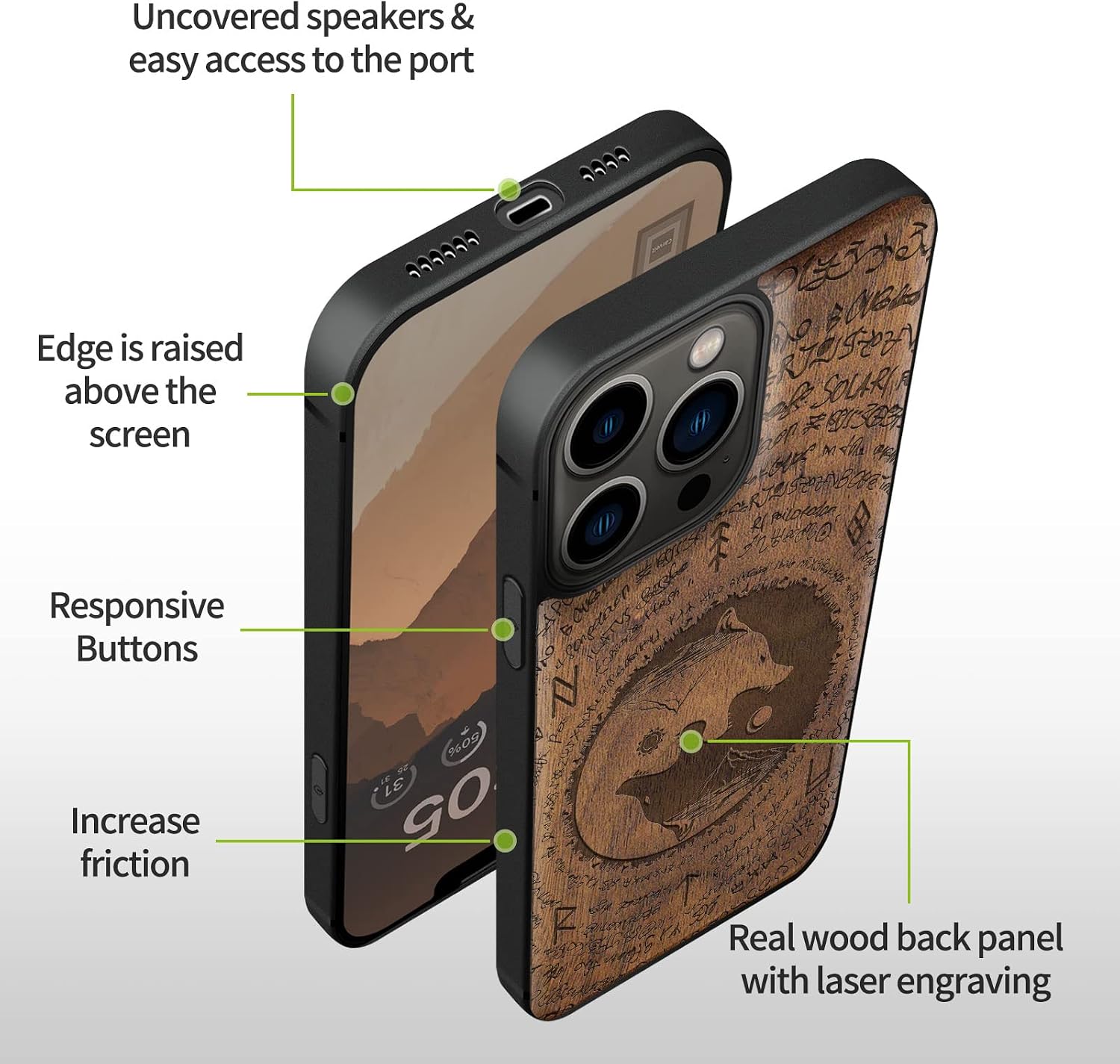 Carveit Magnetic Wood Case for iPhone 13 Pro Case [Natural Wood & Black Soft TPU] Unique & Classy Wooden Shockproof Protective Cover Compatible with magsafe (Wolf Carving -Walnut)
