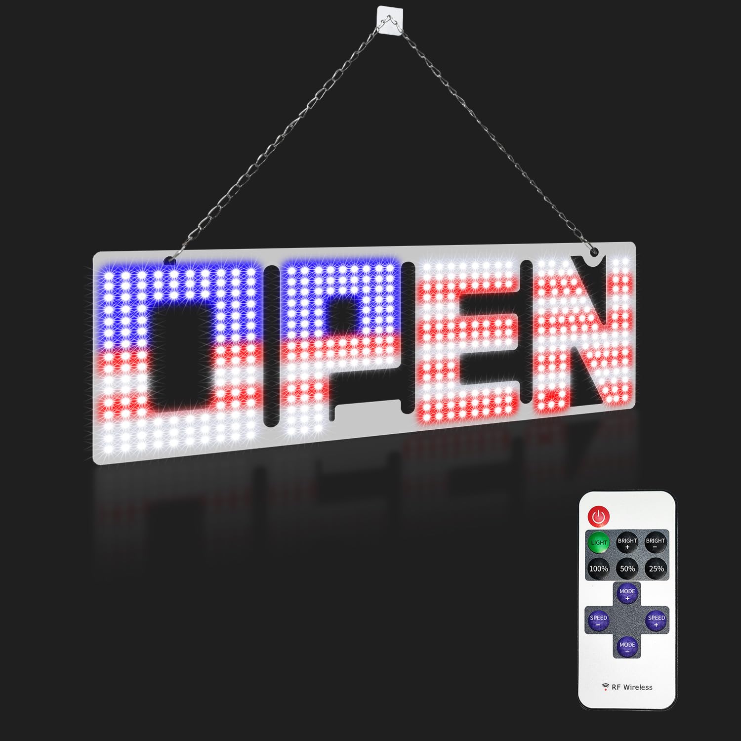 LemonNova LED Open Sign displaying 'OPEN' with a USA flag pattern, alongside its remote control.