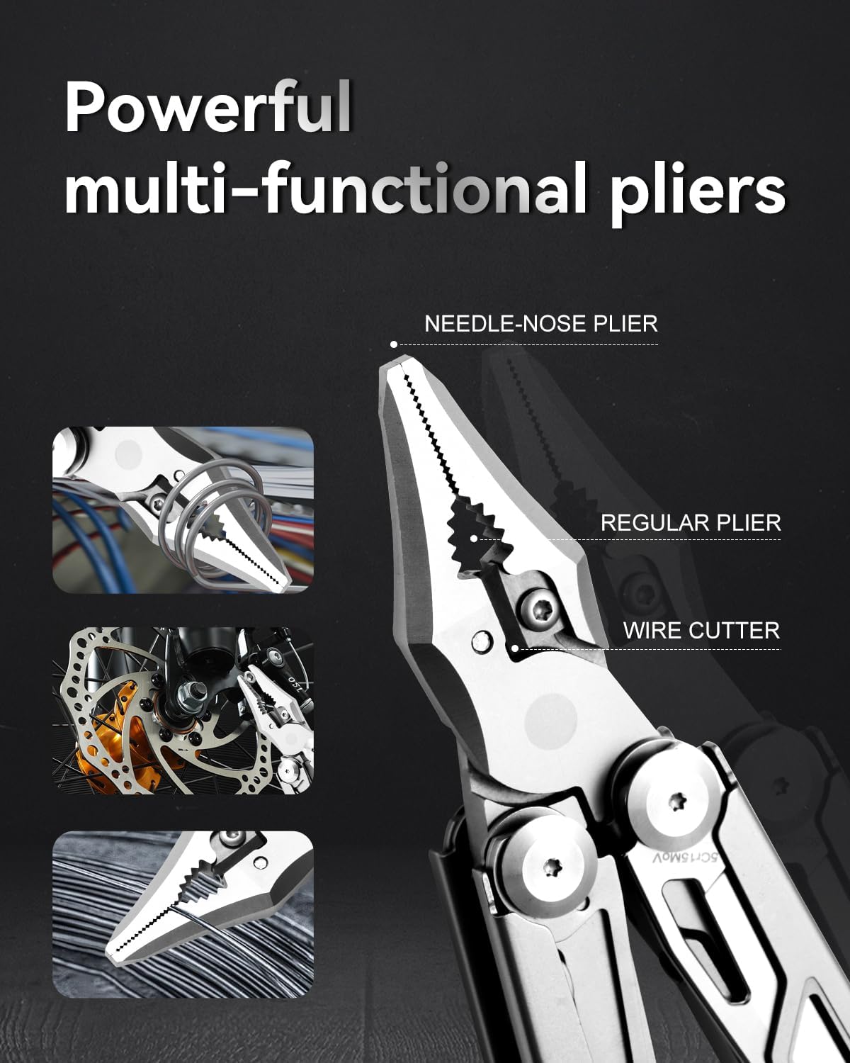 Multitool 15-in-1 Stainless Steel Multi Tool Pliers with Knife, Spring-Action Pliers and Scissors, Multitool for Survival, Camping, Hiking, Gifts for Men (Grey)