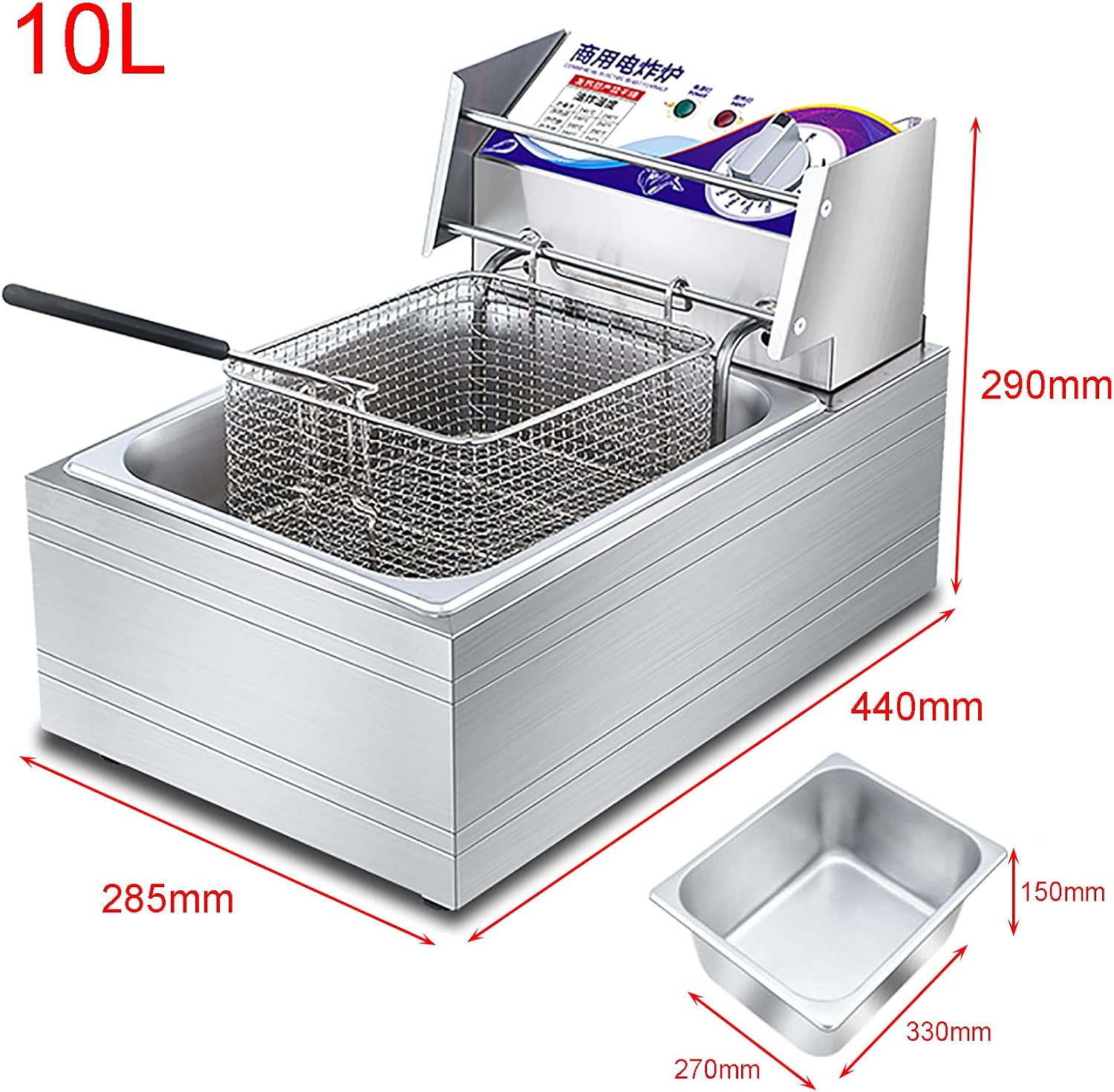 10L/20L Commercial Fryer, Electric Fryer Thicken Stainless Steel Fryer Single Fat Tank with Lid and Frying Basket, Adjustable Temperature, Easy to Clean