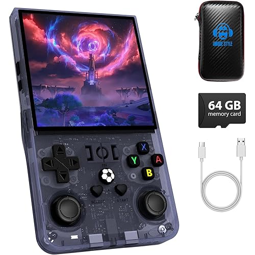 R36MAX Handheld Game Console, Retro Gaming Console with 4000mAh Battery 4.0”IPS Screen, Open Source Linux System, with 64GB TF Card Portable Video Gaming Console, Transparent Gray