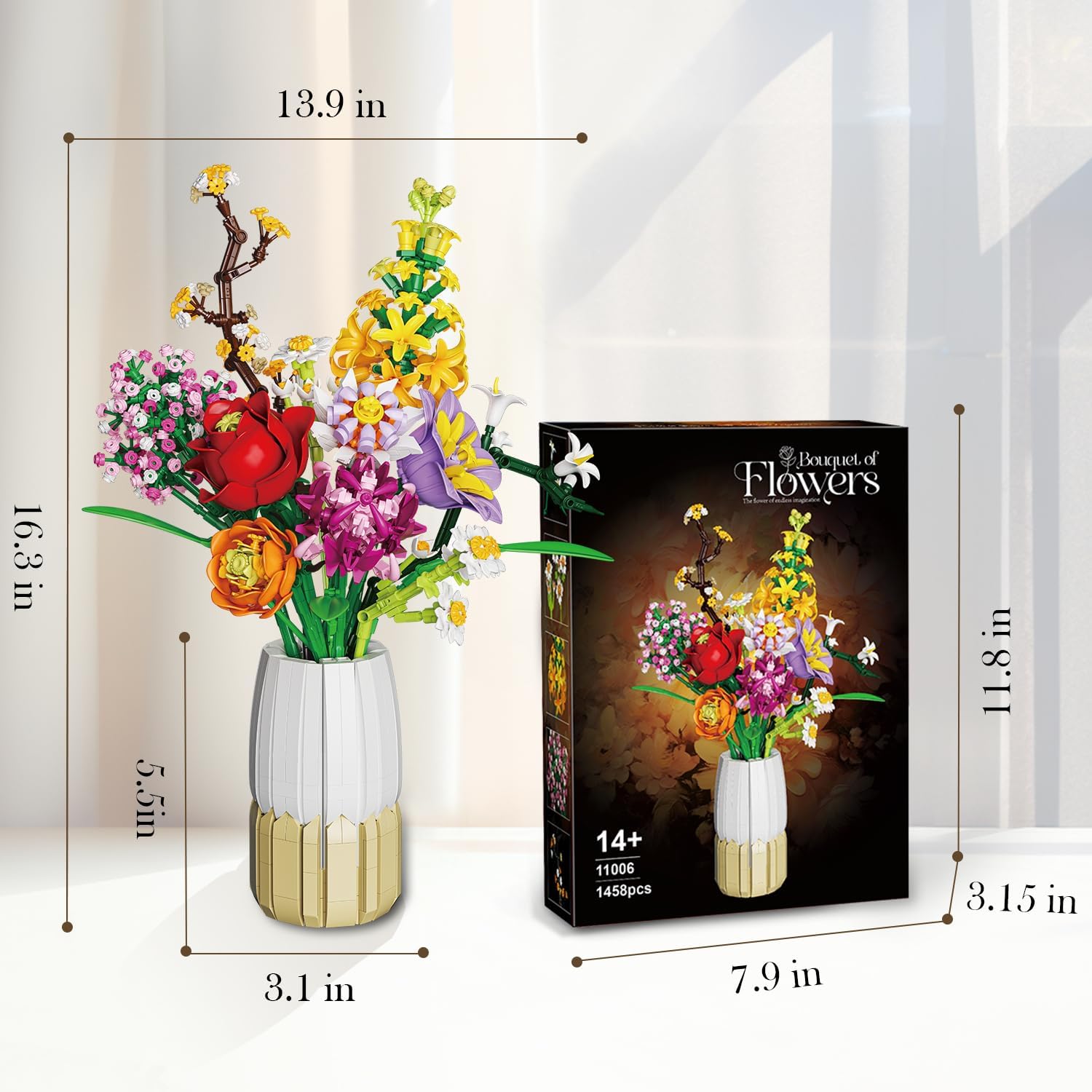 2 in 1 Vase Flowers Bouquet Building Set, Artificial Flowers Bouquet Sets for Adults & Women, Comptatible with Lego Flowers Bouquet Botanicals Collection, 1458 PCS