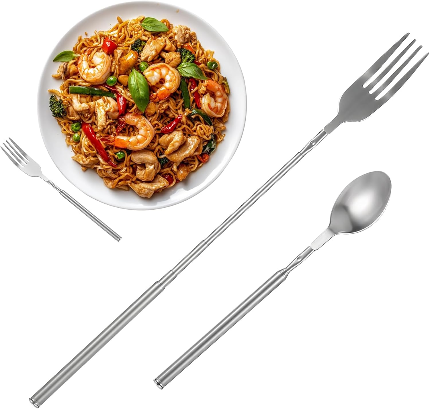 Sibba 2 x Extendable Fork, Telescopic Spoon, 65 cm, Long Stainless Steel Telescopic Fork, Telescopic Spoon, Teaspoon, Coffee Spoon, Cake Forks, Extension Fork, Retractable Fork, Dinner Dessert