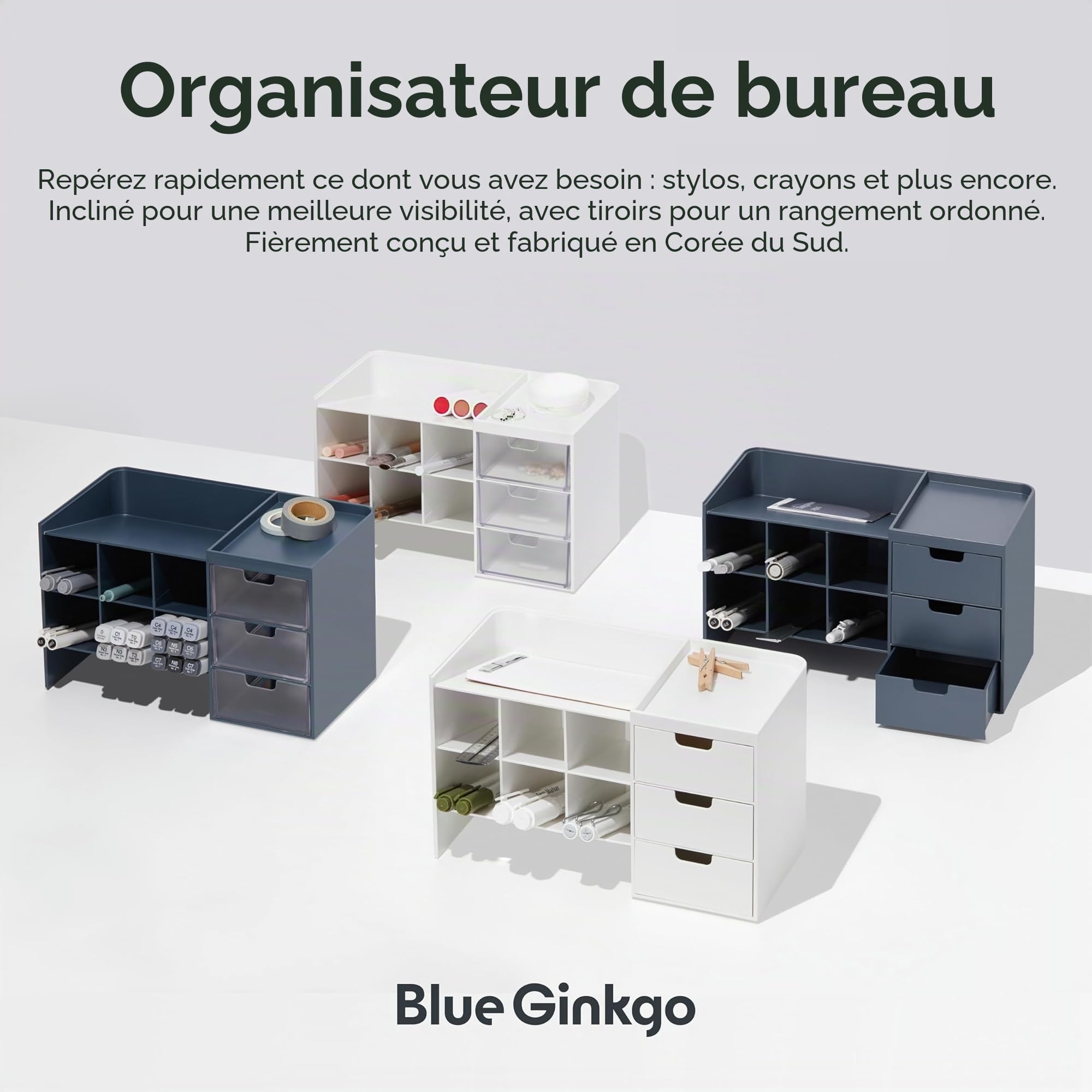 BLUE GINKGO Hive Stack Desk Organizer – Porte-stylos empilable avec tiroirs – Rangement bureau, fournitures scolaires, maquillage (Fabriqué en Corée, Blanc Transparent)