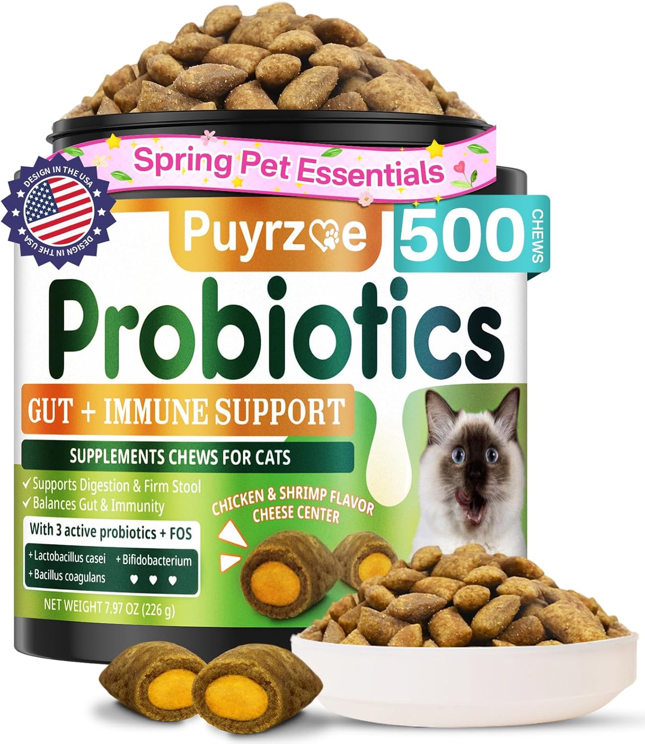 Puyrzoe Cat Probiotics & FOS Chews - Digestive + Gut Support, 500 Crunchy & Creamy Chews, Constipation Relief + Nutrient Absorption + Immune, Daily Probiotics Chews for Cats Kittens (Chicken Shrimp)
