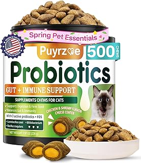 Puyrzoe Cat Probiotics & FOS Chews - Digestive + Gut Support, 500 Crunchy & Creamy Chews, Constipation Relief + Nutrient Absorption + Immune, Daily Probiotics Chews for Cats Kittens (Chicken Shrimp)