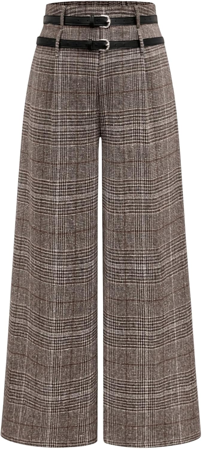 SOLY HUX Women's Plus Size Dress Pants Plaid Wide Leg High Waisted Work Office Tailored Pants with Belt