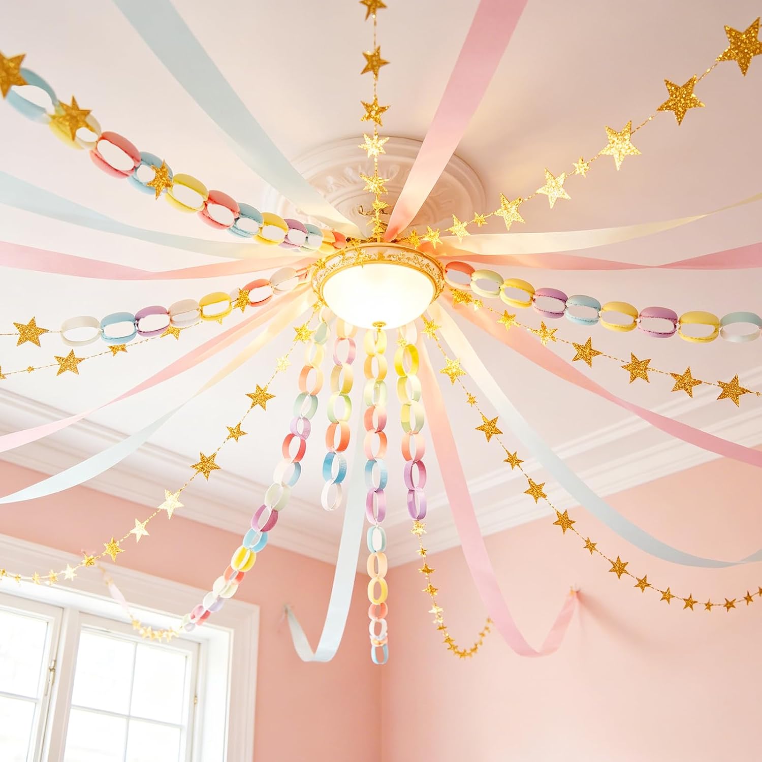 Fancy Birthday Decorations, 600 Pcs Paper Chain Garland, 492ft Crepe Paper Streamers, Gold Star Curtain,Pennant & Circle Banners, Pastel Rainbow Party Supplies for Wedding Decor & DIY Crafts