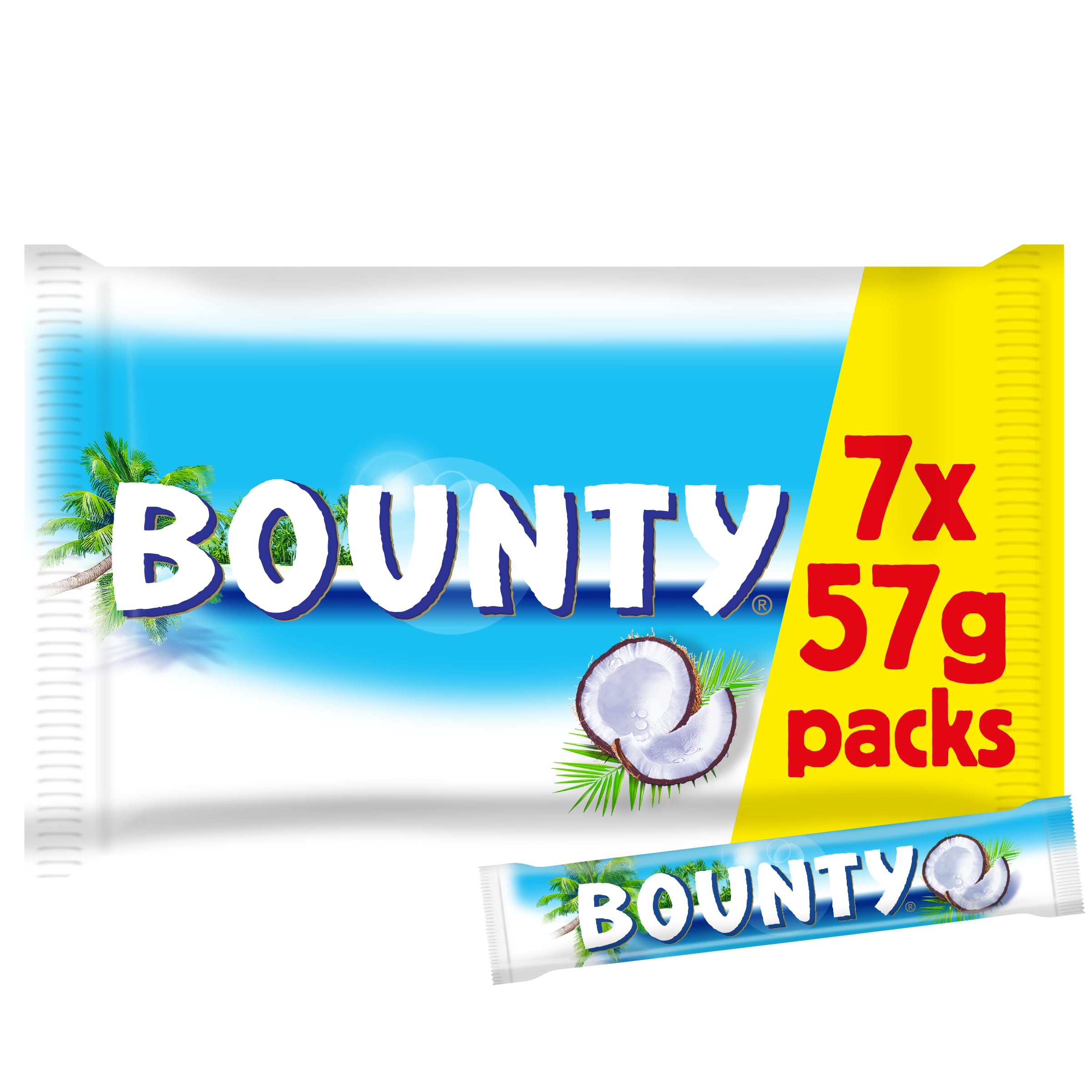 Bounty Coconut Milk Chocolate Bars Multipack, 7 x 57g, Tropical Chocolate Snack, Ideal for Sharing, Lunchbox Treats, Office Snacks, and Chocolate Gift Box or Hampers