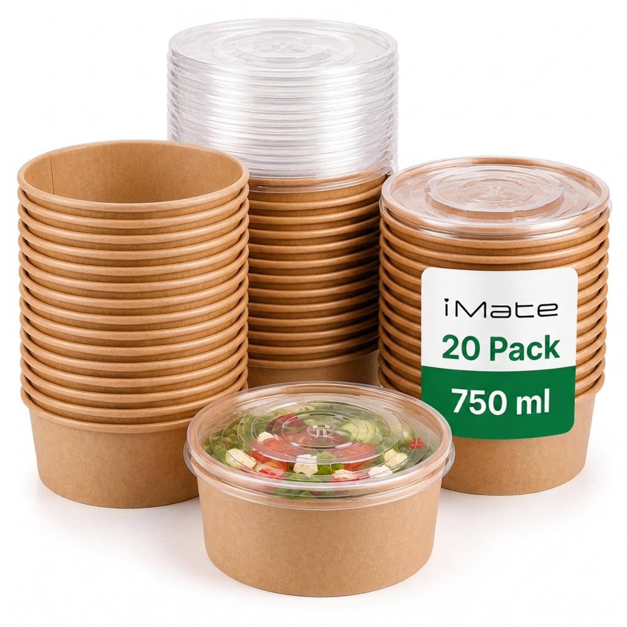 iMate 750ml Kraft Paper Bowls with Lids, Leak-Resistant Takeaway, 20 Pack