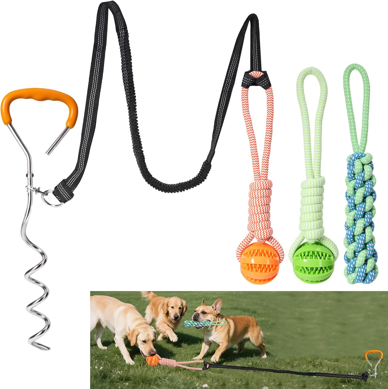 Bungee Tether Tug Outdoor Dog Toy for Dogs, Tug of War Toy with Stake, 2 Puzzle Balls, Cotton Stick Toys, Outdoor Interactive Dog Toys for Lawns, Tug of War Dog Toy for Multi-Pet Households, Orange