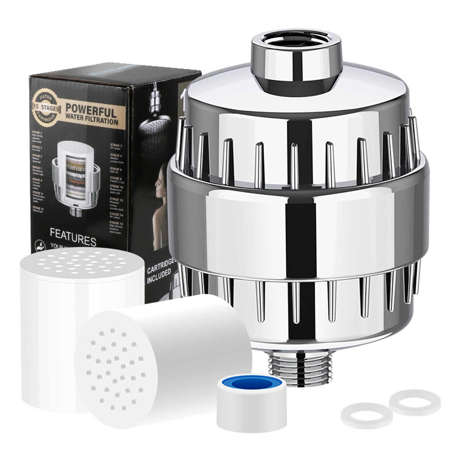 Shower Filter, 15 Stages Shower Head Filter for Hard Water with 2 Replacement Cartridges, High Output Shower Softener Filter, Reduces Dry Itchy Skin & Eczema, Improves Hair, Skin & Nails (Silver)