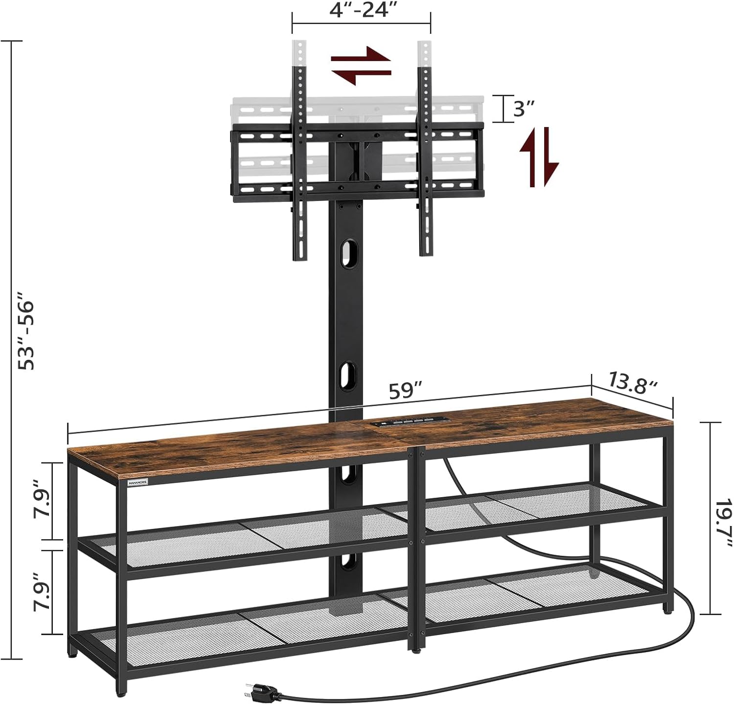 59" TV Stand with Mount and 4 Power Outlets, Entertainment Center Media Console, Swivel TV Stand Mount up to 75 inch TVs, Height Adjustable, Metal Frame for Living Room, Bedroom TVHR35E01V