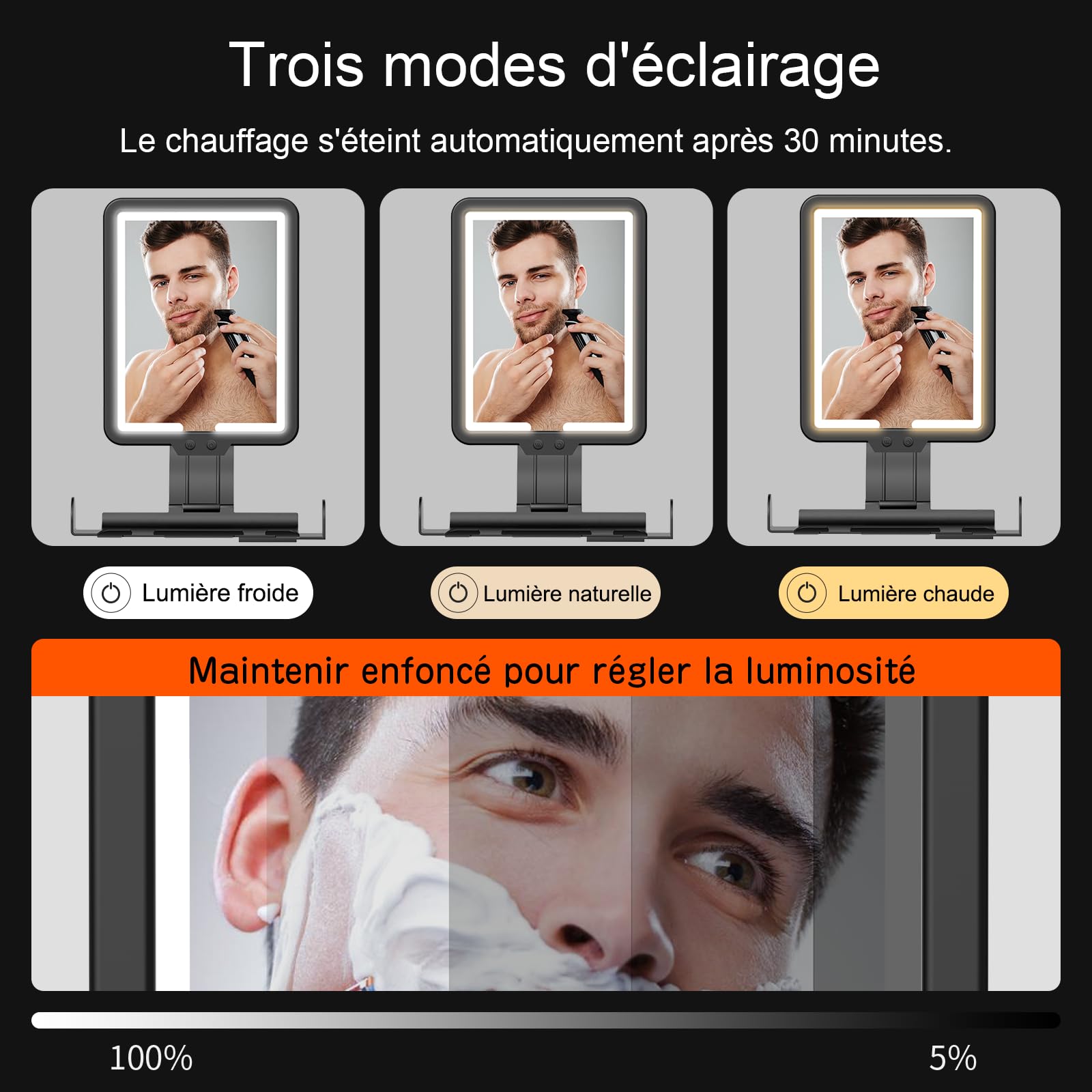 Miroir de Douche LED Anti-buée pour Le Rasage, Miroir Chauffant Anti-buée avec 3 Modes de Couleur (Noir)