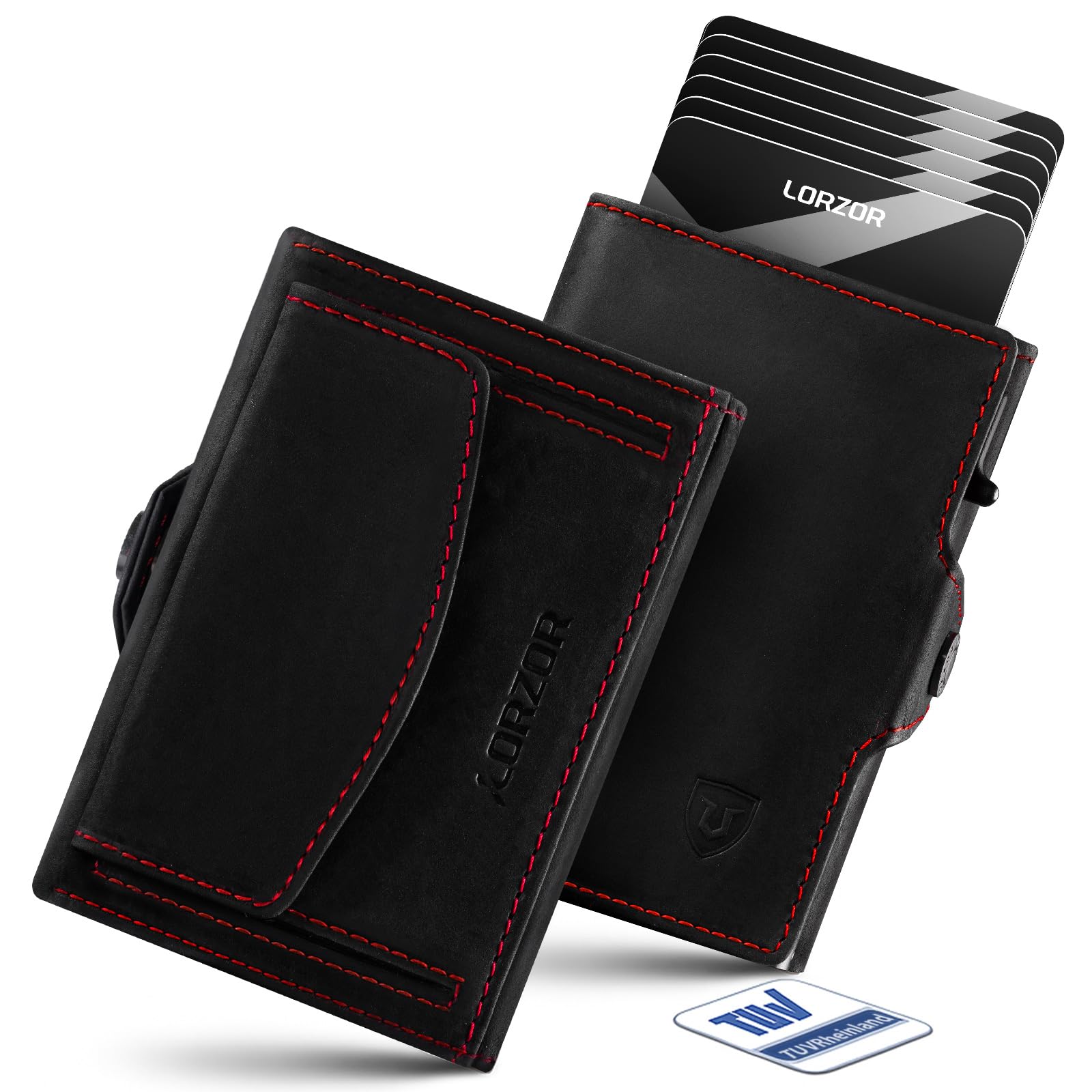 LORZOR Slim Wallet mit XXL-Münzfach für 10+ Münzen, Kartenetui Herren RFID Schutz, Echtleder Portmonee, Geldbörse Herren, Geldbeutel, Brieftasche, Smart Wallet, Kreditkartenetui für 10 Karten