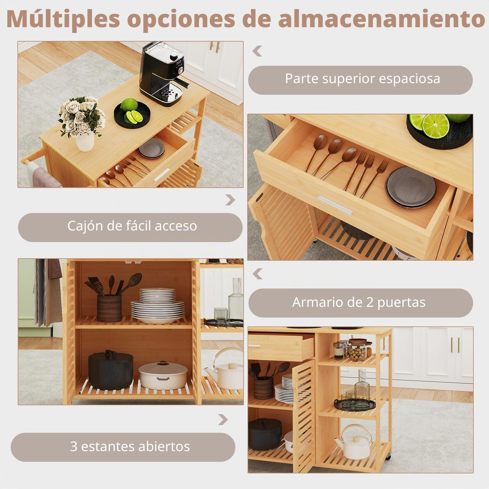 KOMFOTTEU Carrito de Cocina con Ruedas, Isla de Cocina de Bambú, Carro Auxiliar con Cajón, 3 Estantes Abiertos y Armario con 2 Puertas, Organizador Móvil para Comedor, 104 x 40 x 89 cm