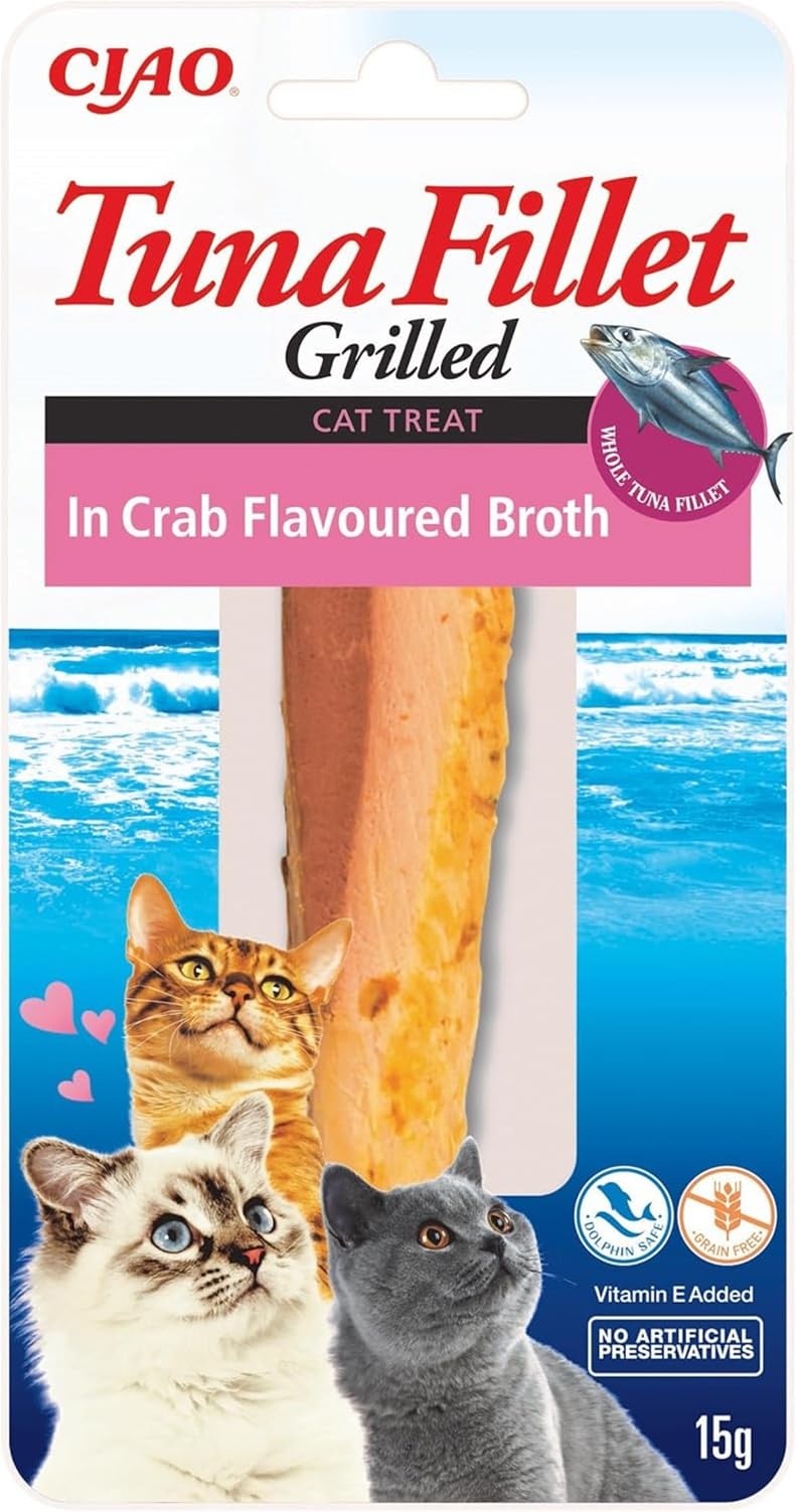 INABA Tuna Fillet Grilled - Friandises pour Chats en Filet de Thon - Bouillon Aromatisé au Crabe - Snack pour Félins Grillé et Riche en Antioxydants - Nourriture pour Chats - 1 x 15g