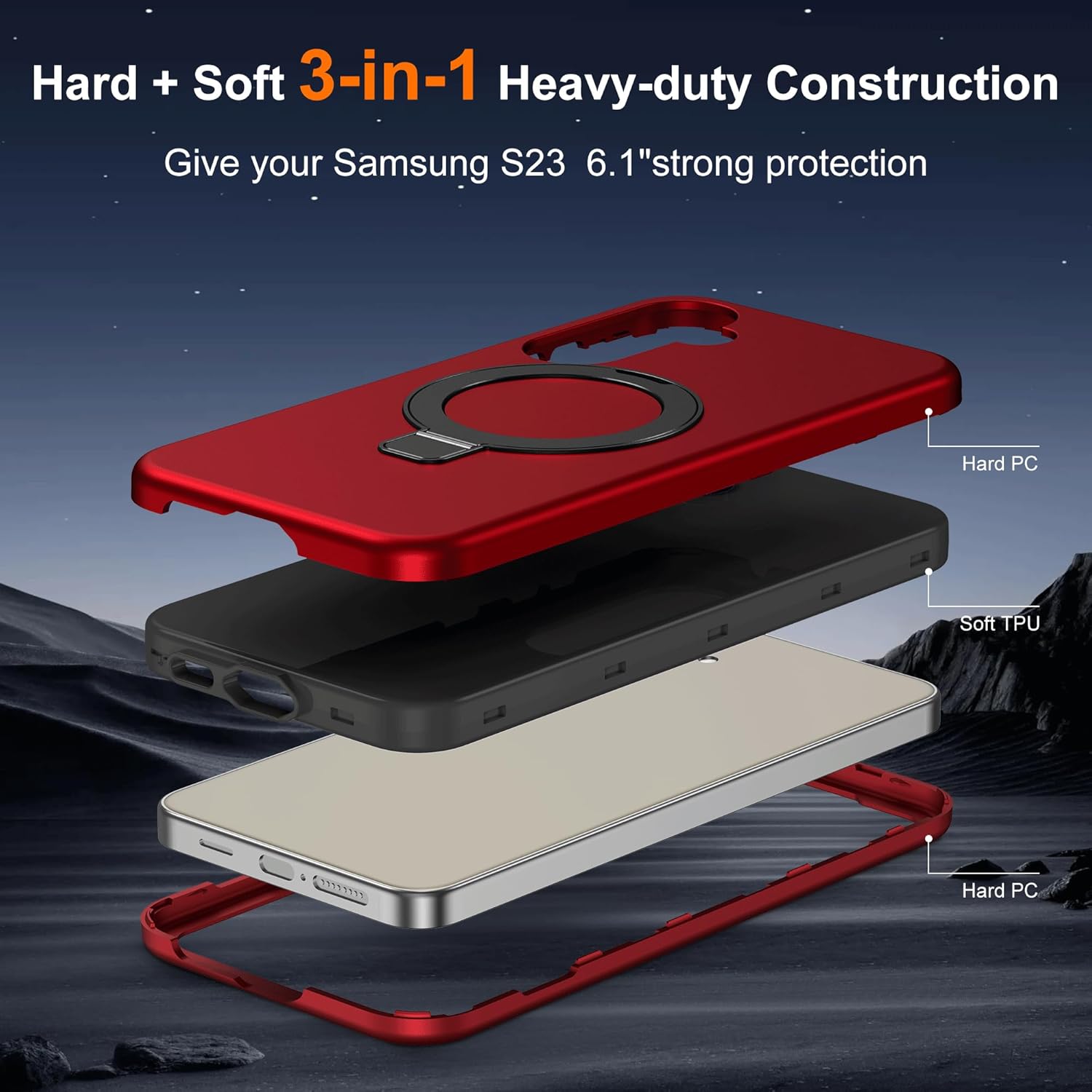 Designed for Samsung Galaxy S23 Case with Magnetic Ring Stand [Compatible with Mag-Safe][Military Grade Drop Protection][Build in Kickstand] Shockproof Galaxy S23 Phone Case 6.1",Red Samsung Galaxy S23 Red