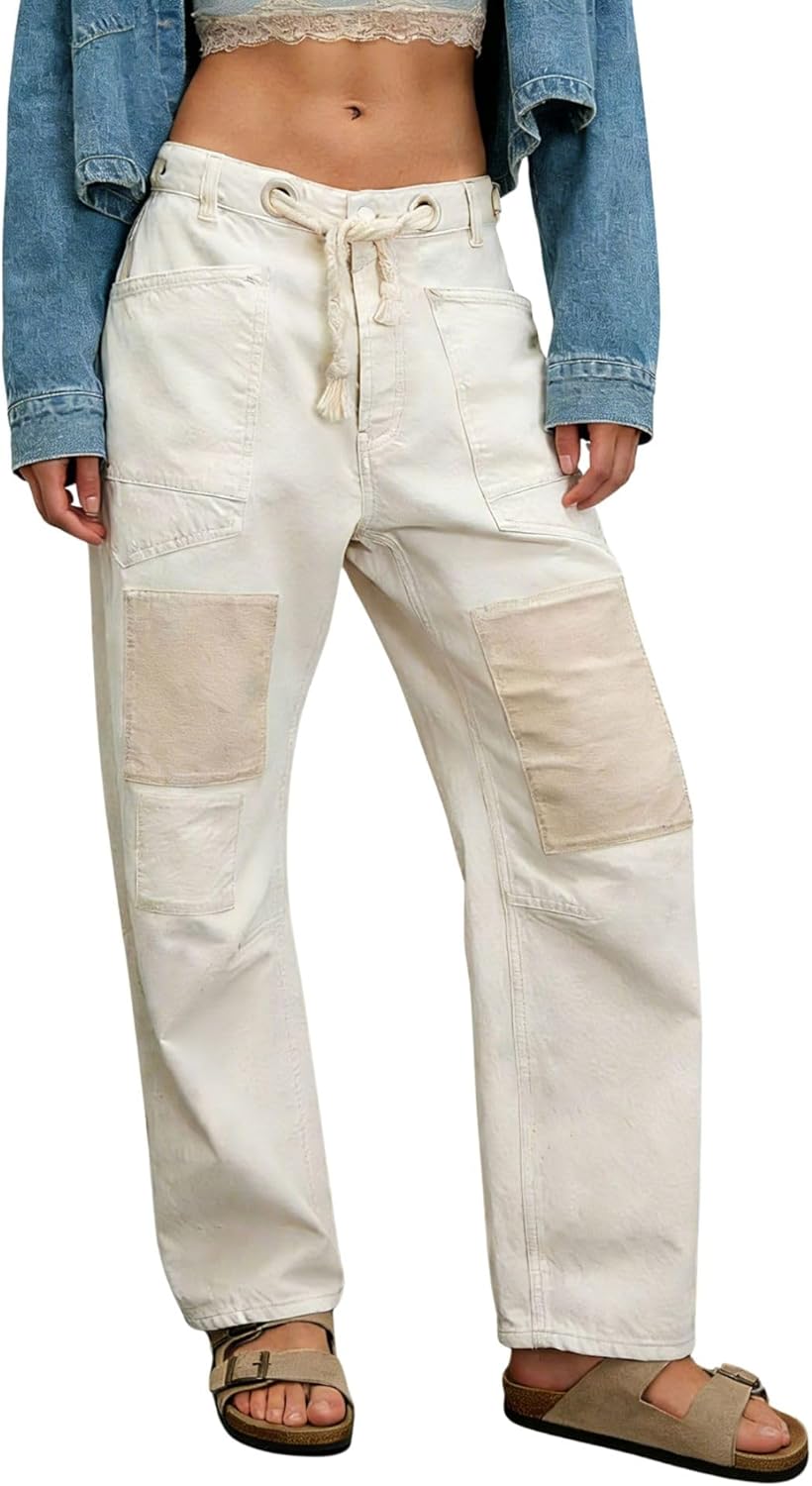 chouyatou Women's Patchwork Mid Rise Barrel Jeans Wide Leg Baggy Loose Y2k Boyfriend Denim Pants Jeans