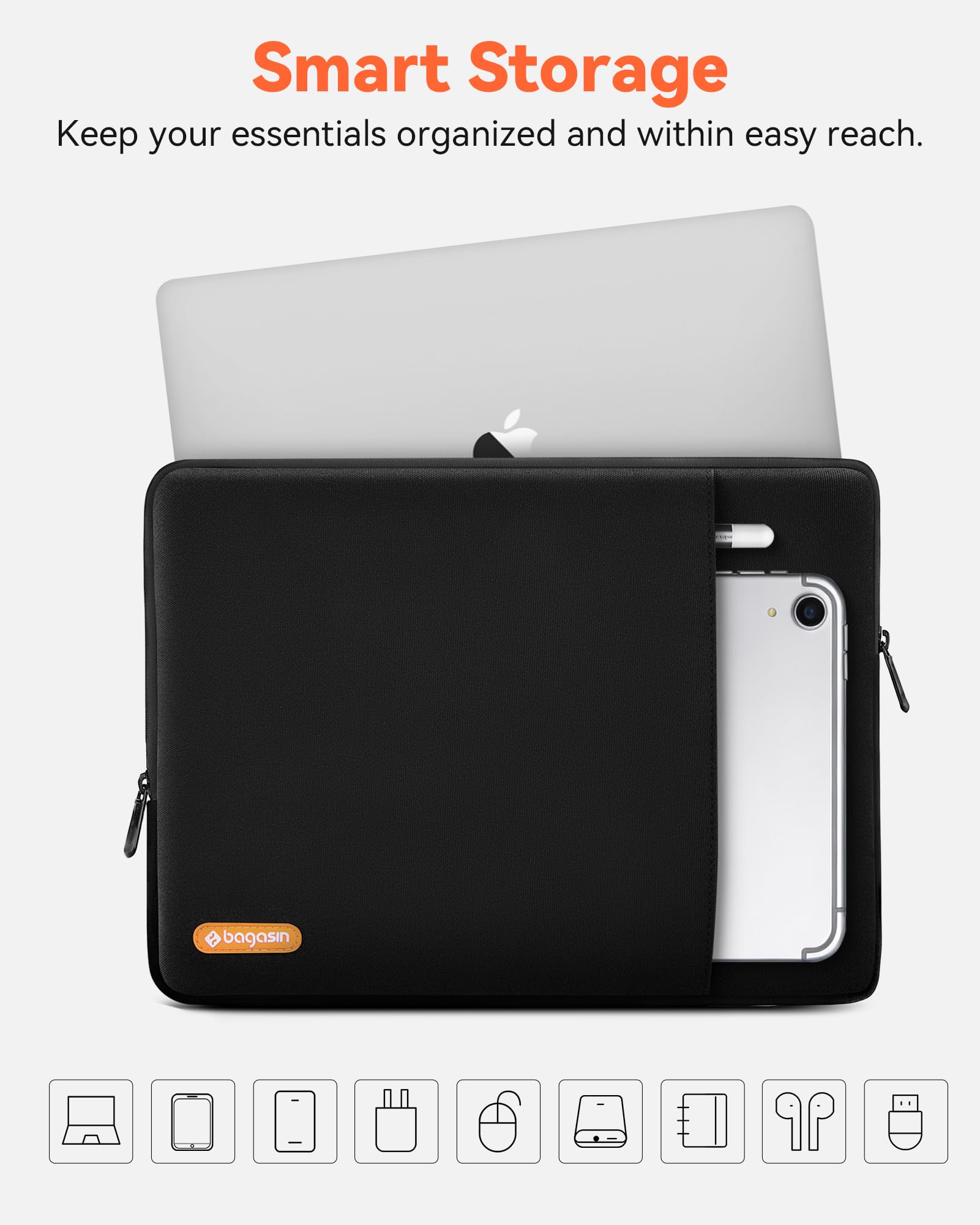 Bagasin Custodia per Laptop 13 Pollici, Sleeve Compatibile con MacBook Air M4 M3 M2 M1 2025–2018 / Pro M2 M1 2025–2016, Borsa Verticale in Poliestere con Tasca – Nero
