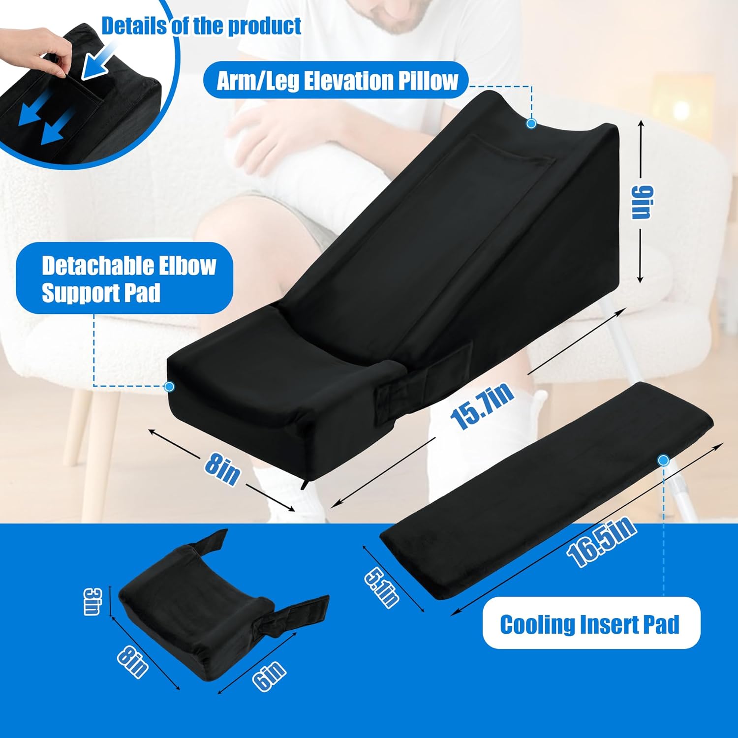 BALAPET Arm Pillow, Soft Ergonomic Support Arm Elevation Pillow, Elbow Rest Wedge Pillow with Pocket, Comfortable Arm Pads for Sleeping & Resting(Black)