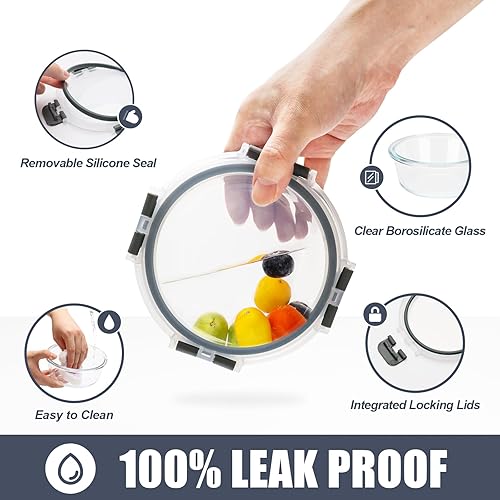 Miniatura 3 de Paquete de 6 recipientes de vidrio de 13 onzas, pequeños recipientes redondos de almacenamiento de alimentos de vidrio con tapas a prueba de fugas
