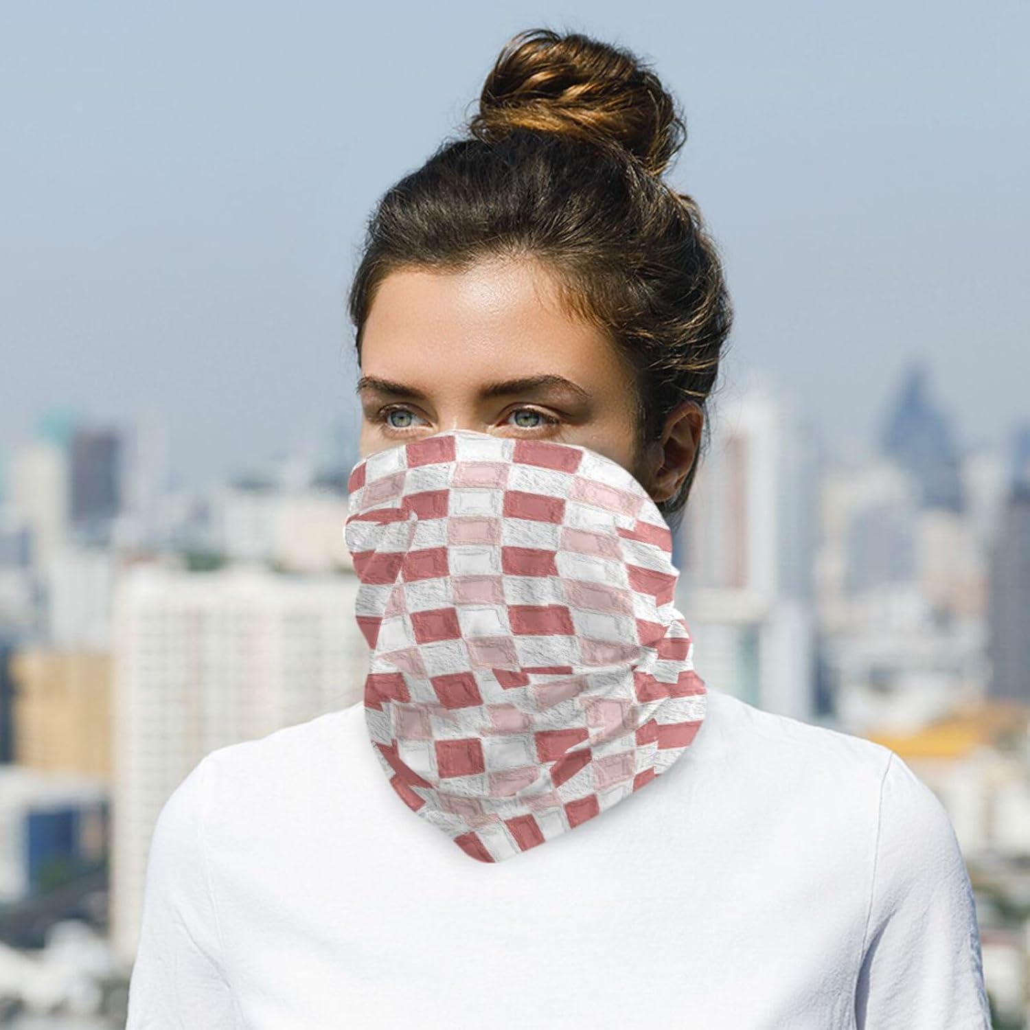 Pink Checkered Pattern Hot/Cold Weather UV protection hood womens neck gaiter Quick Drying hood Masks for face for Hunting halloween costumes mascara para trabajar bajo el sol