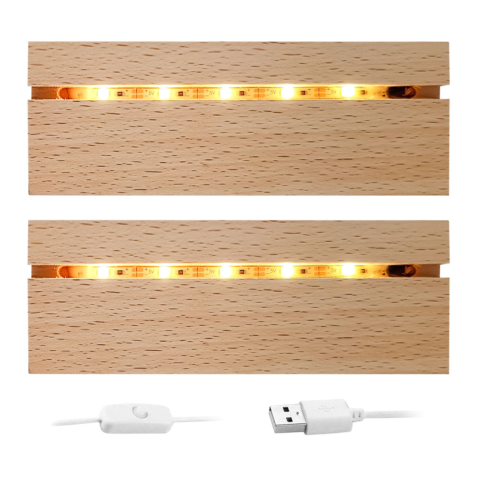 QENETY Wooden LED Lighted Base Stand, 4.33 Inch LED Lights Display Base, Rectangle Display Pedestal for Crystal Glass Resin Art Home Decor (2pcs)