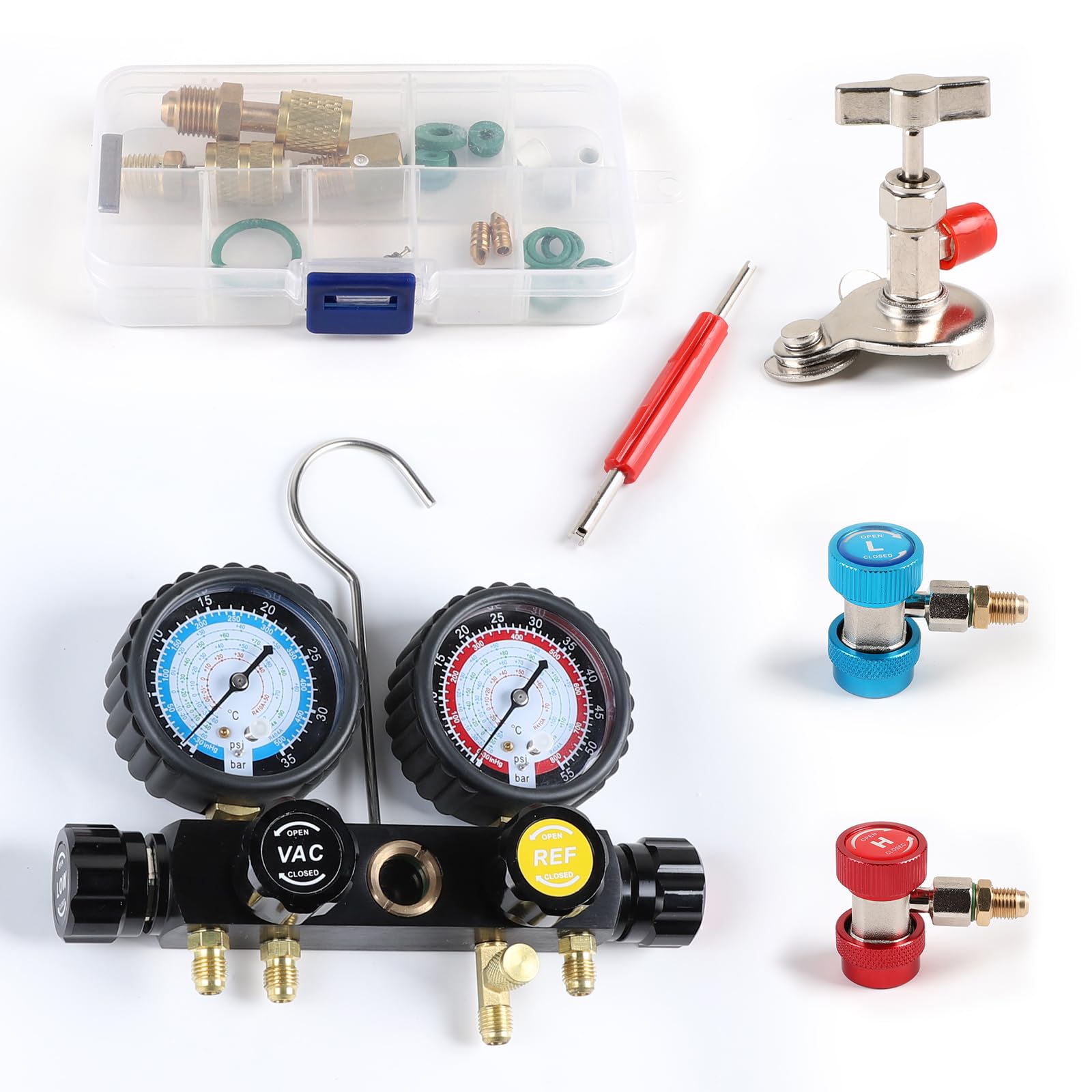 lalago Juego de Manómetros 4 Vías para Carga de Refrigeración R22 R134A R410A R404A, Conjunto de Manómetro de Diagnóstico de 4 Vías Profesional, para Carga de Freón y Evacuación de Bombas de Vacío
