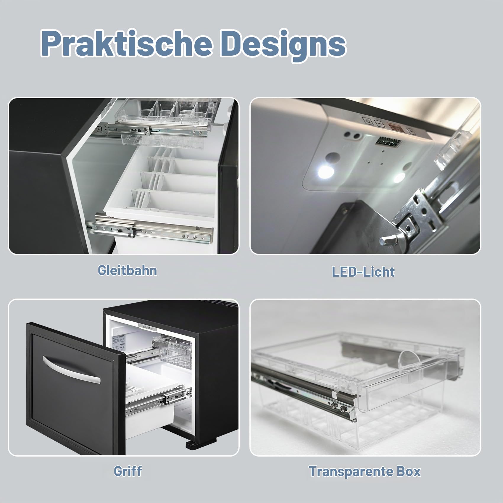 12 V Schubladenkühlschrank 50 l, 12 Volt Kühlschrank für Zuhause, Wohnmobil, Wohnwagen, leiser Schubladenkühlschrank für Boot, Camping, 0 ℃ - 15 ℃