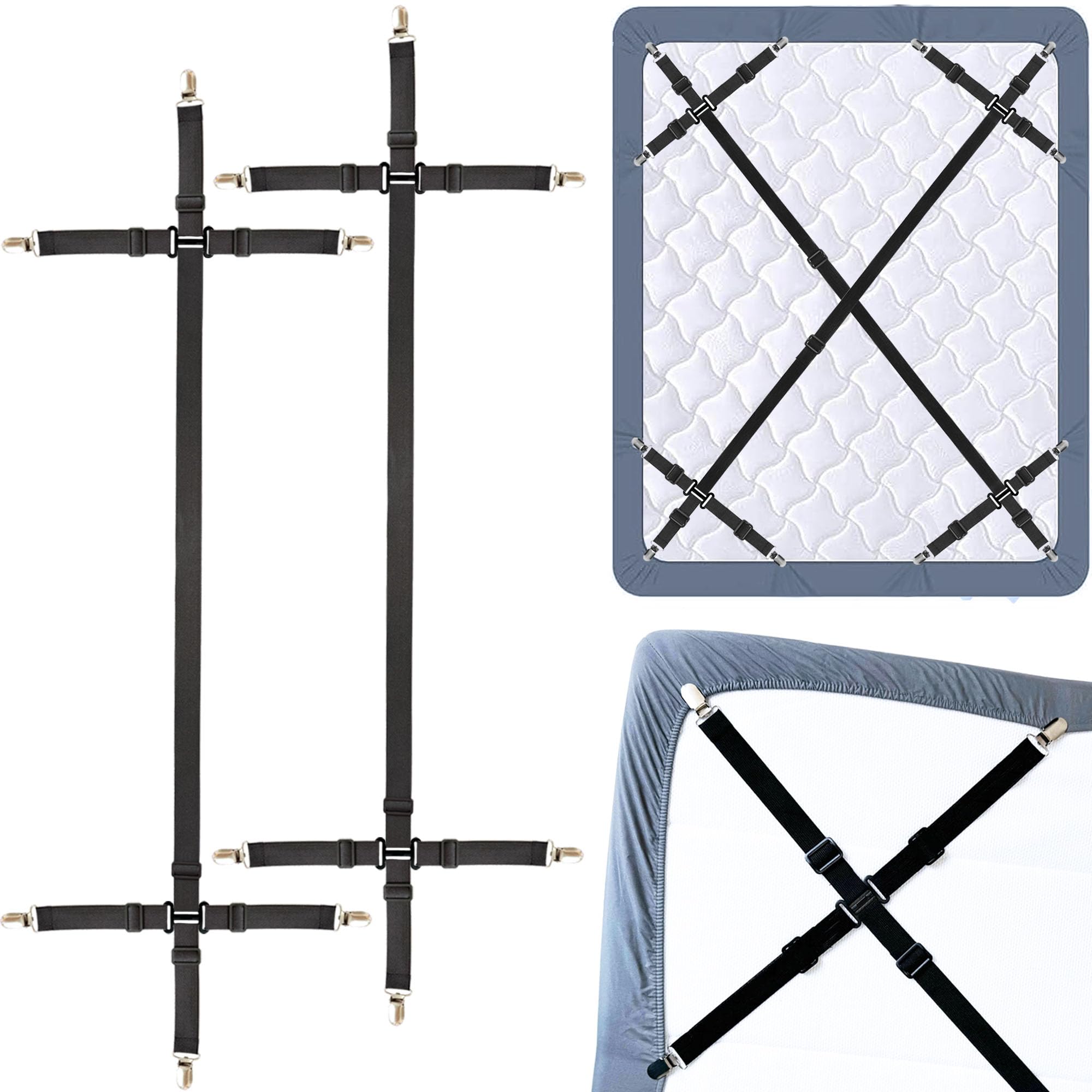 Bed Sheet Holder Straps, 2 PCS/12 Ways, Adjustable Crisscross Triangle Bed Sheet Clips, Elastic Bands Suspenders Keeping Fitted Bedsheet in Place for Twin Queen King Mattress, Bed Sheet Fasteners