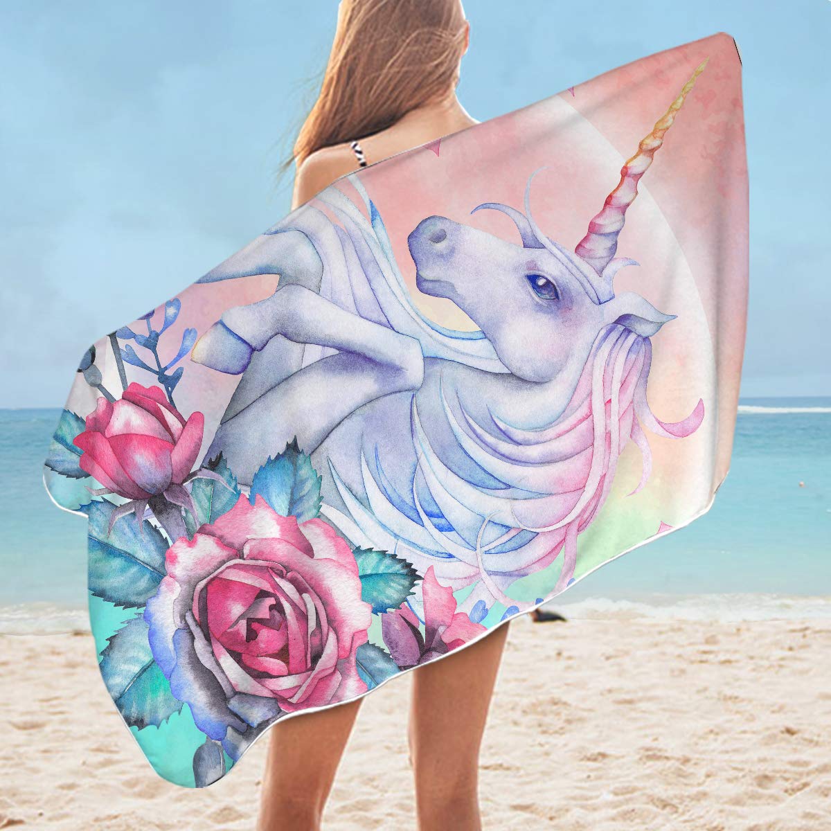Sleepwish Floral Unicorn Beach Towel & Backpack Set - Oversized Round Microfiber Towel With Tassels