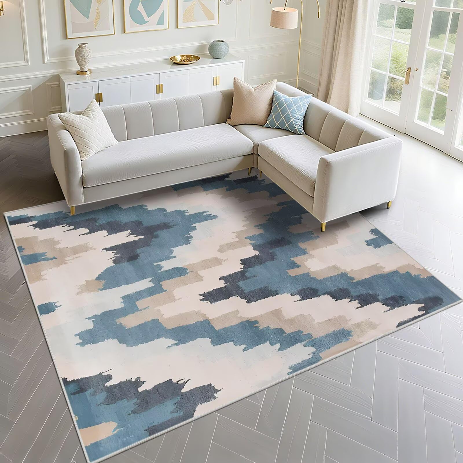 Tapis lavable en machine bleu 100x160cm abstrait pour salon