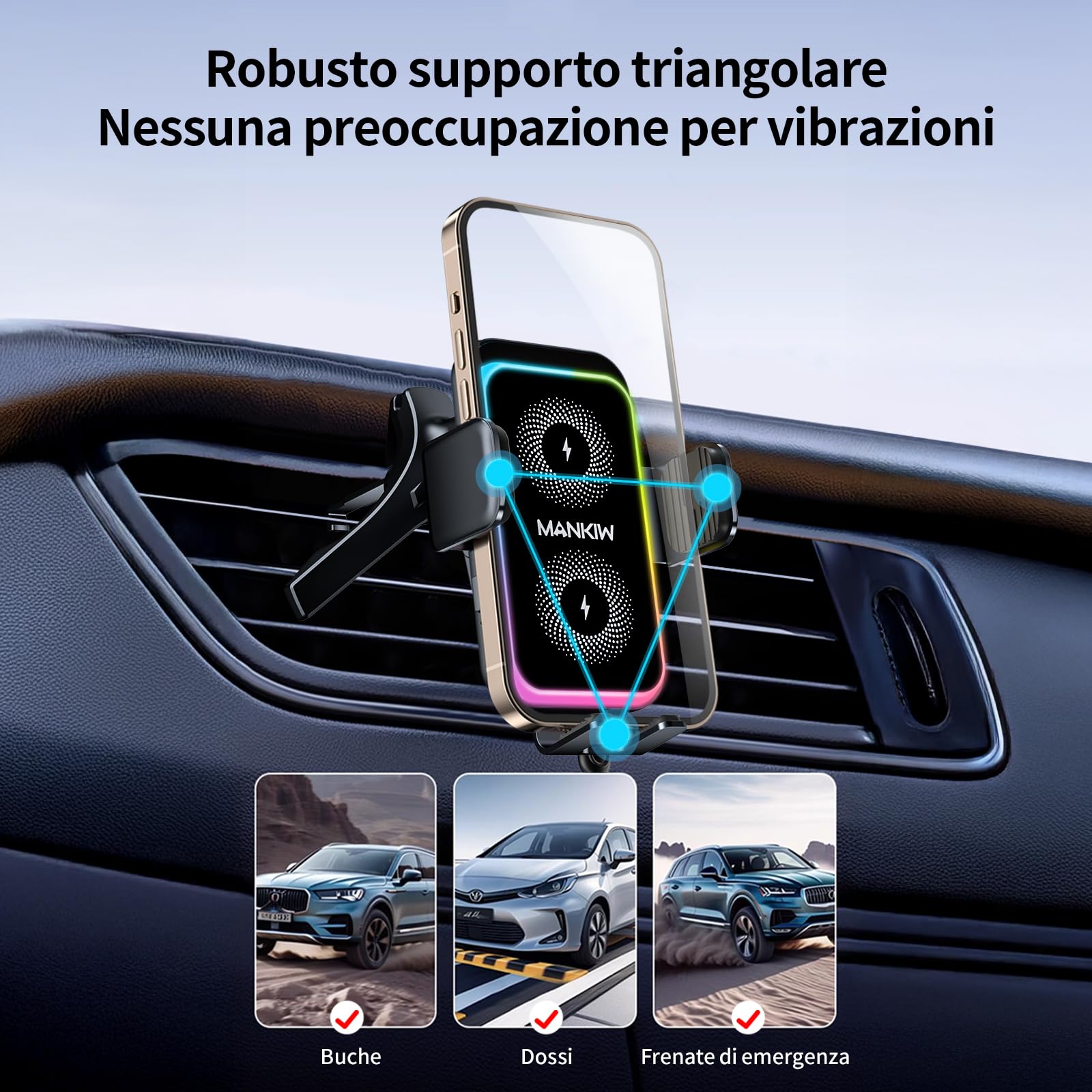 MANKIW Caricatore Wireless Auto, 15W Ricarica Wireless Auto con Bloccaggio Automatico, Rotazione 360° & Luci RGB, Compatibile con iPhone 16/15/14/13/12 Mini Pro Max, Galaxy S25/S24/S23 Ultra ecc