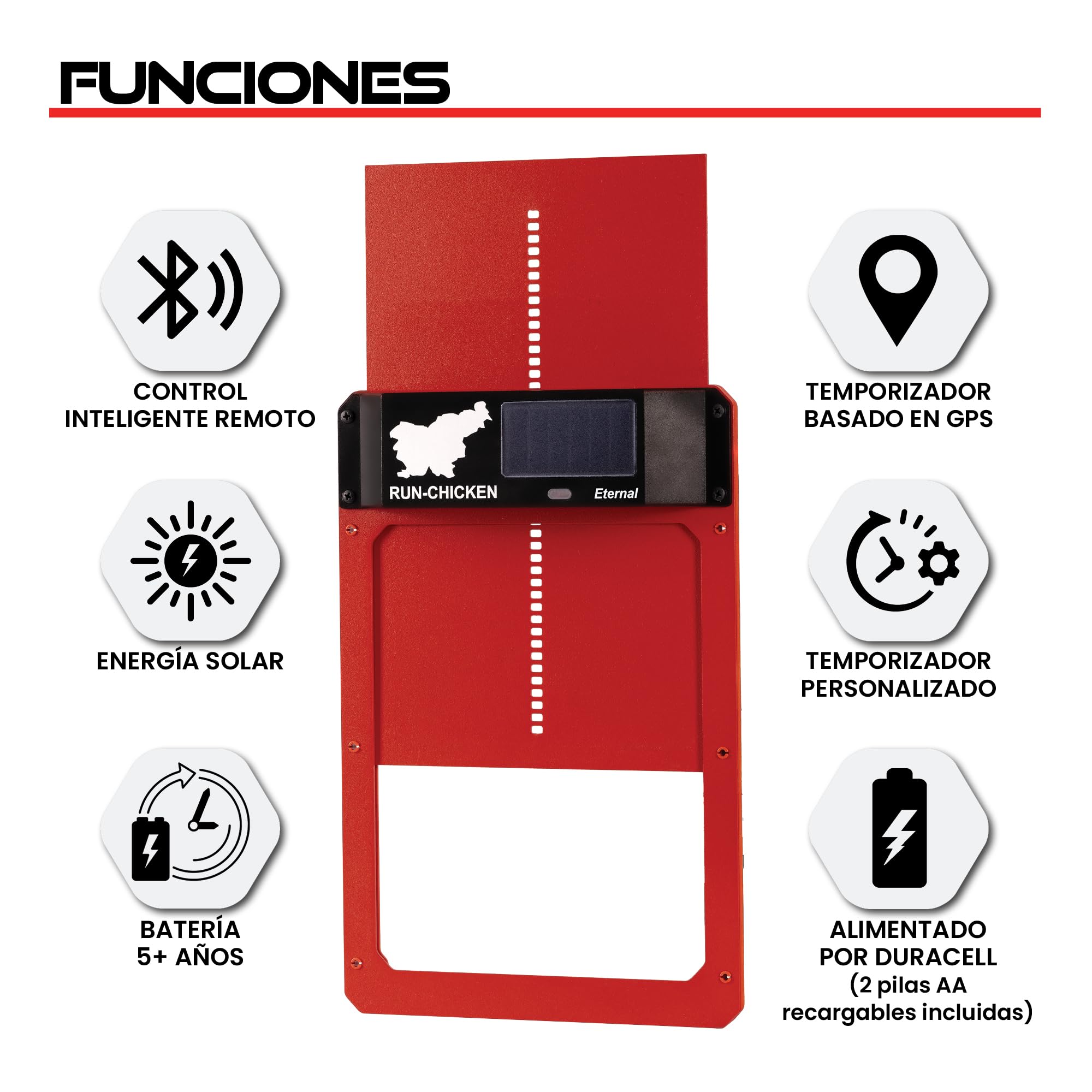 Run‑Chicken Door Eternal Roja – Puerta automática roja para gallineros con energía Solar, batería Recargable de Larga duración, Control por App, Sensor de luz y Aluminio Resistente para Exteriores