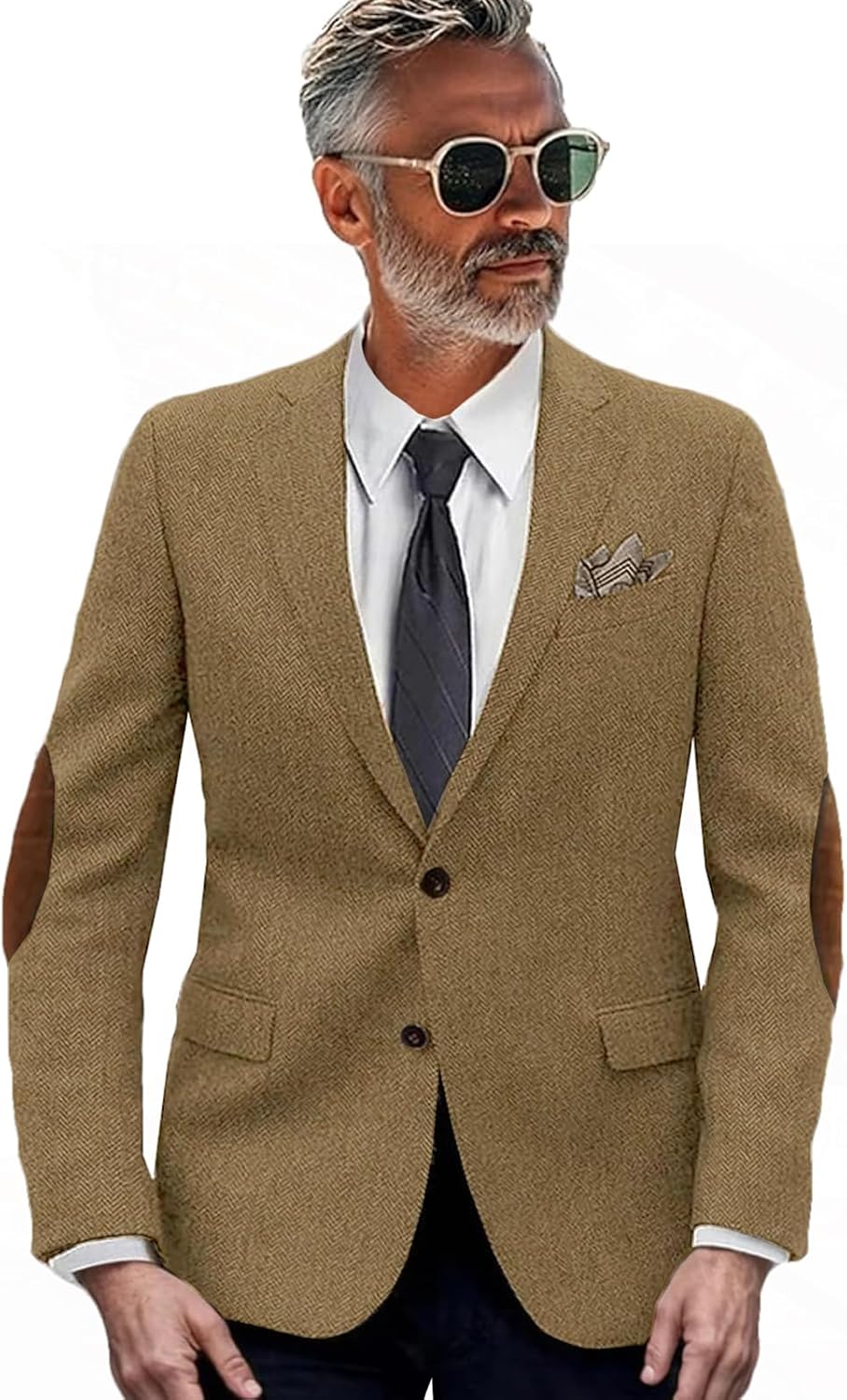 VENNYNG Men's Tweed Jacket with Elbow Paths Single Breasted Blazer Vintage Coat Tailored Fit Two-Buttons