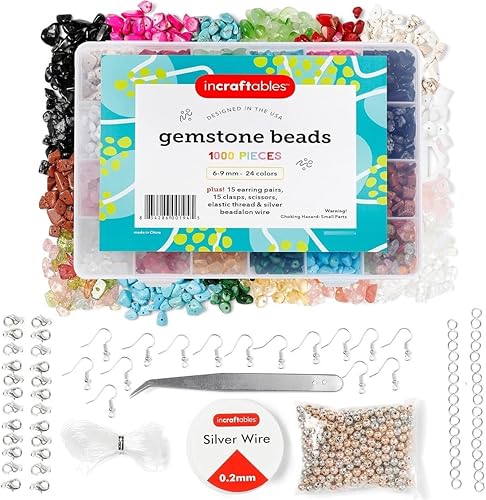 Incraftables 1000 cuentas de cristal con chip (24 piedras preciosas de colores). Las mejores cuentas de roca para hacer joyas, anillos y