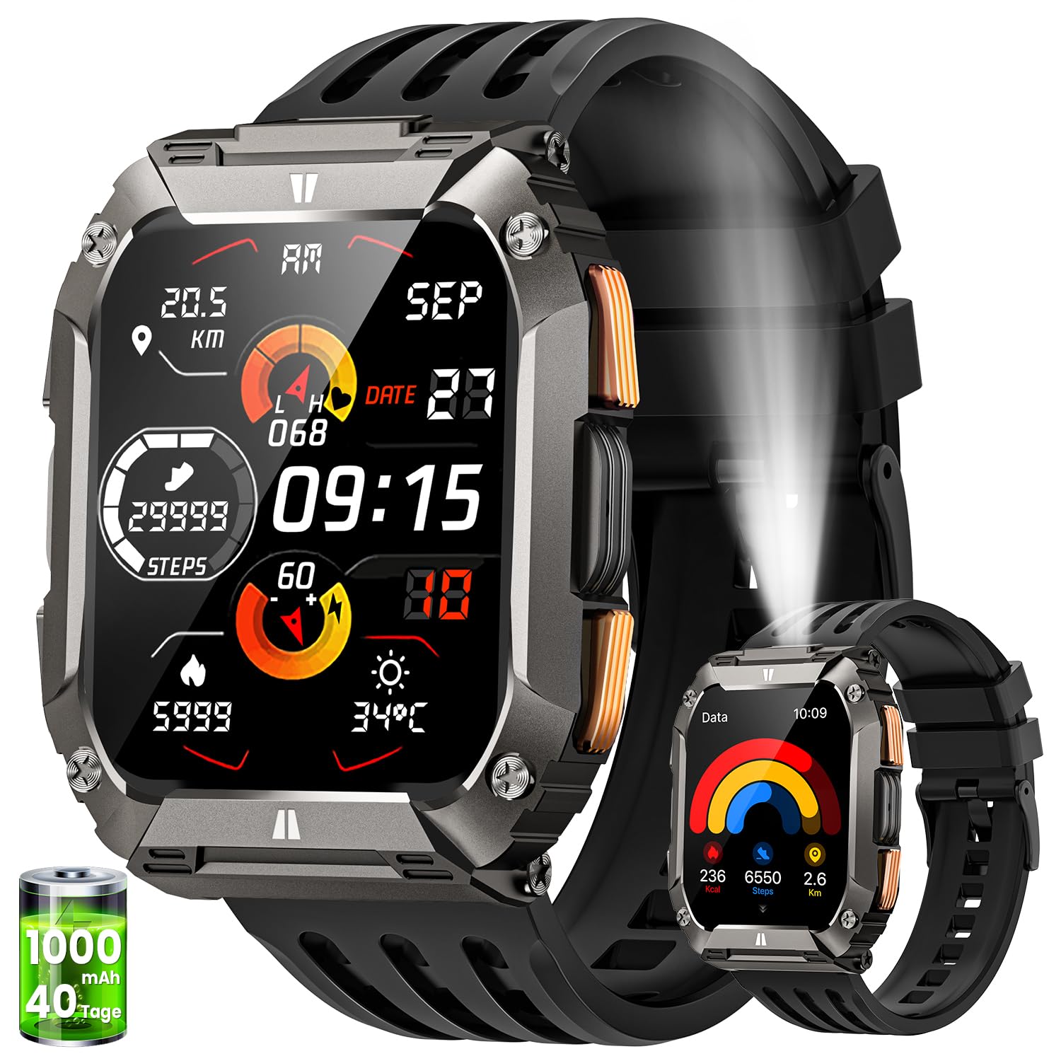 Reloj Inteligente Hombre Militar con 1000mAh y Linterna, 2.01" HD Smartwatch Hombre con Llamadas, 100+ Modos Deportivos, Pulsera Actividad, Pulsómetro, Sueño, 5ATM, Android iOS