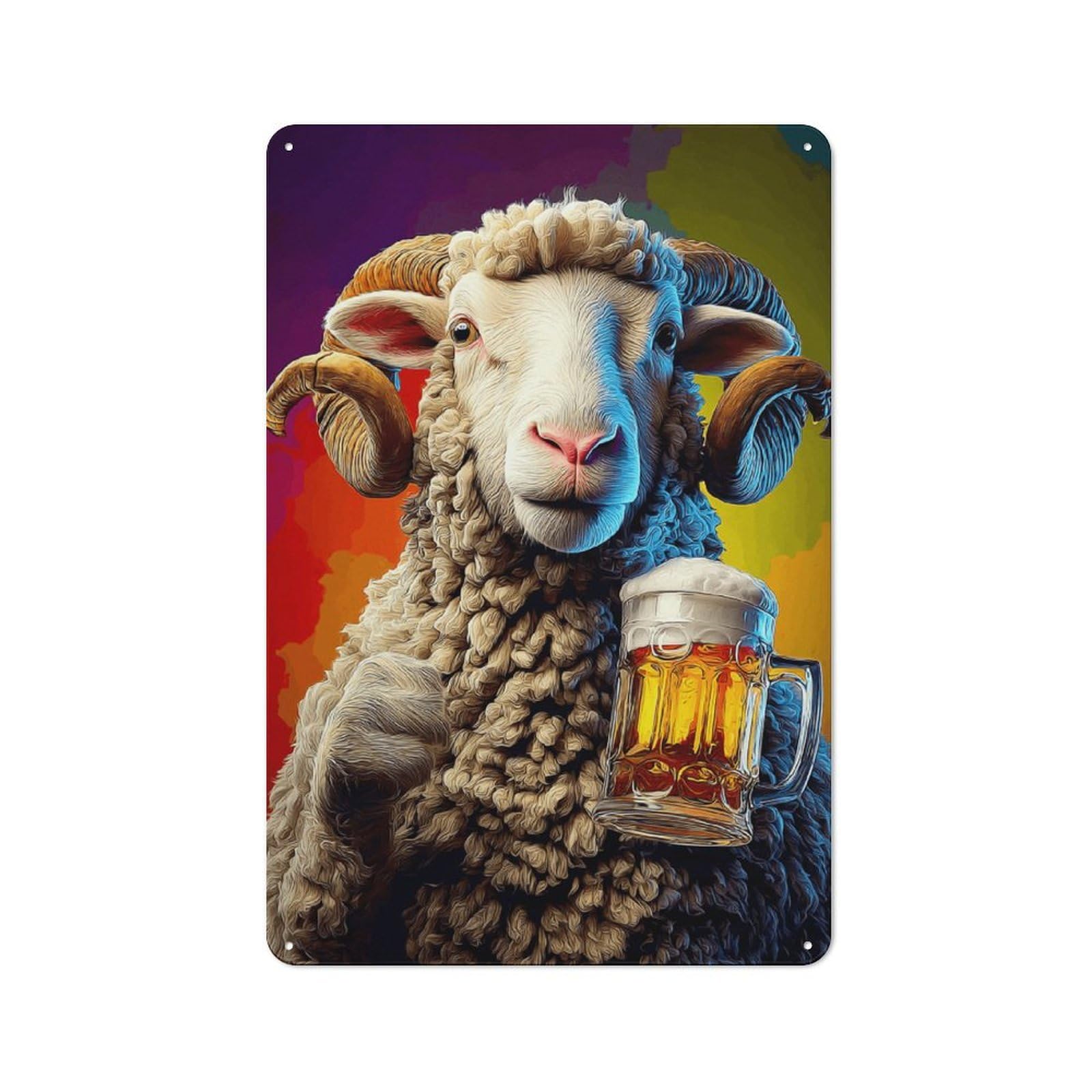 Sheep with Beer Mug Tin Sign 30x20cm for Workshop Wall, Retro Wall Decor, Suited to Metal Sign Collectors